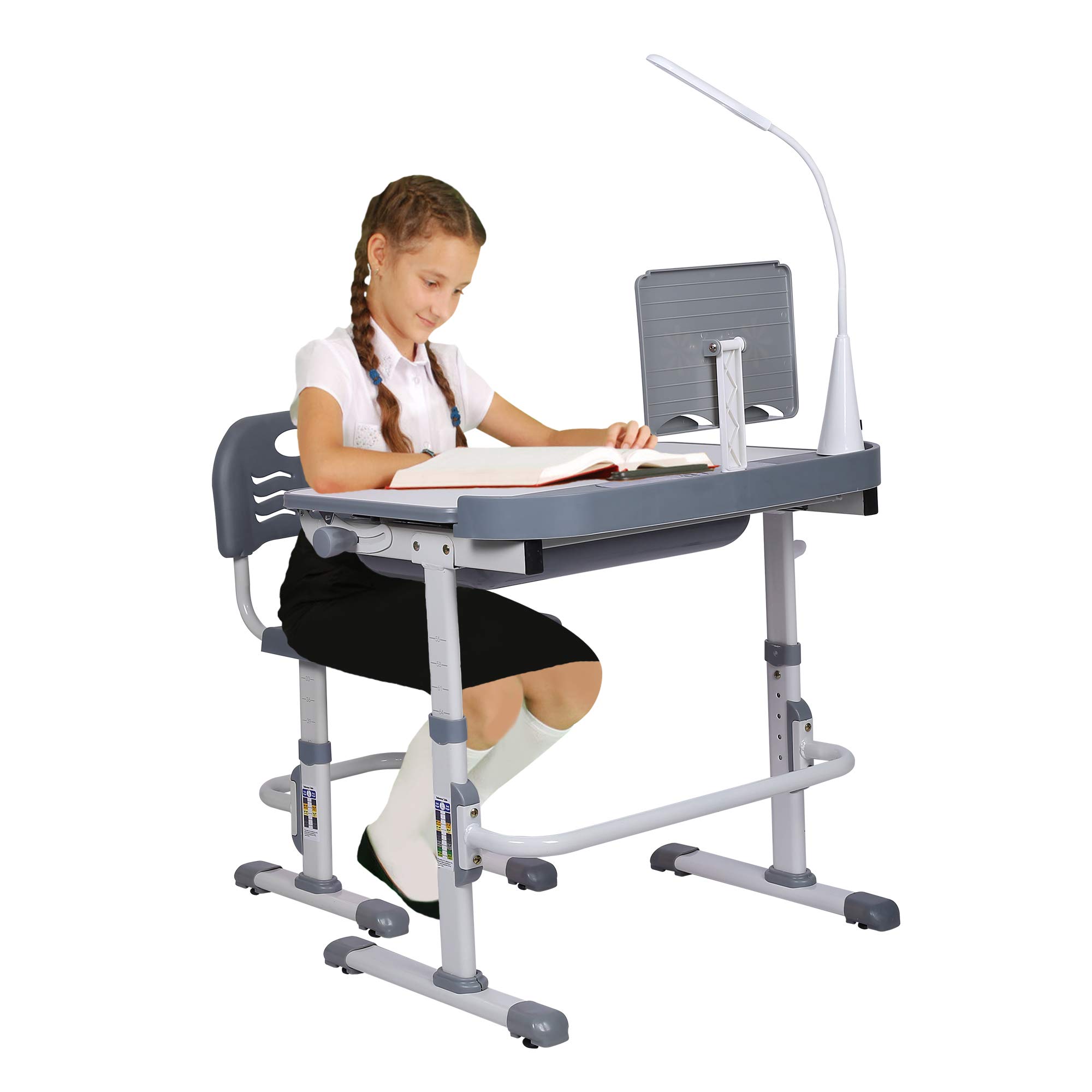 Adjustable Kids Desk and Chair Set with LED Light & Storage Drawer - Ergonomic Study Table for Children, Tilt Desktop & Book Stand - Perfect for Homework, Reading & Online Learning (Grey)