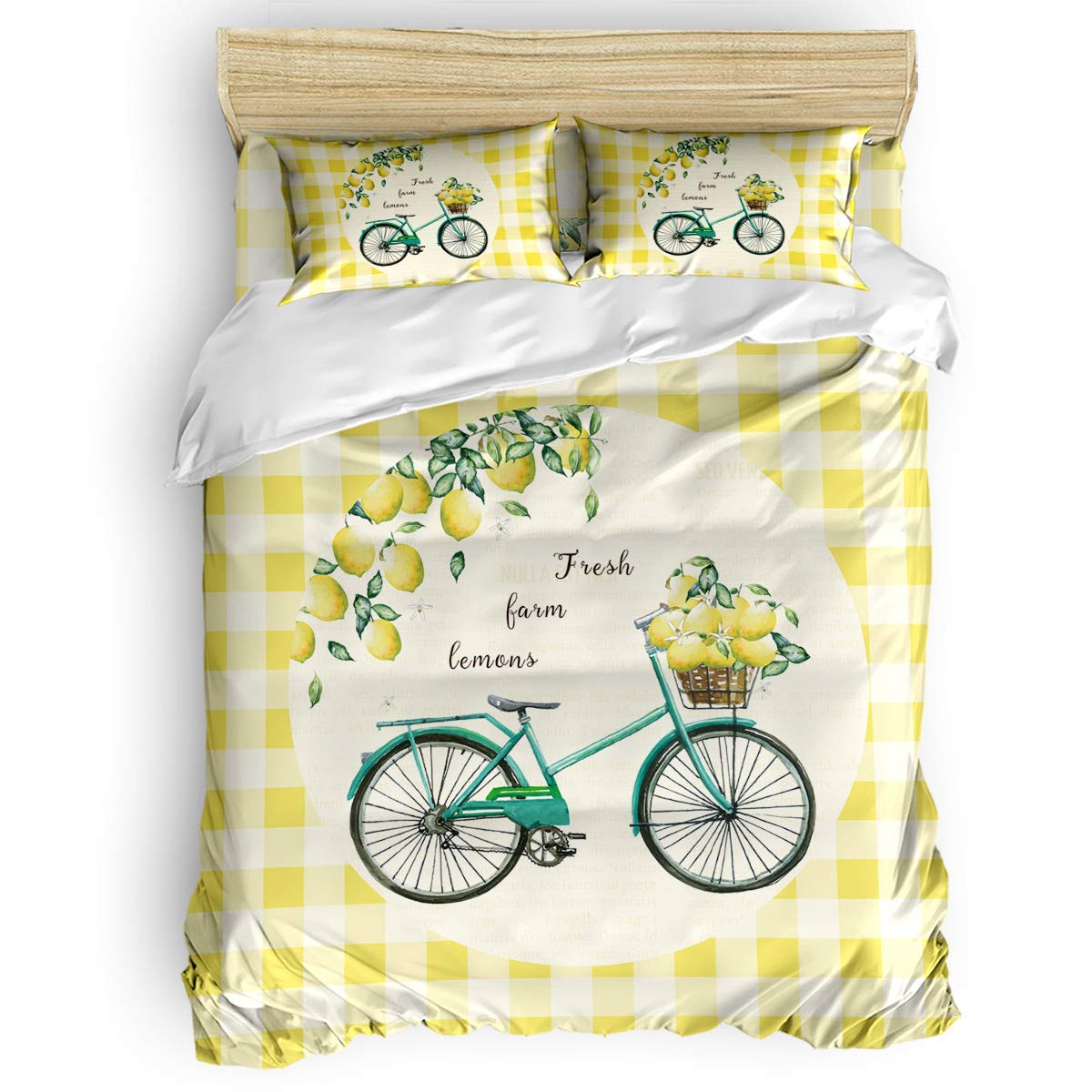 Anoreya Lemon 4-Piece Duvet Cover Set (1 Duvet Cover + 2 Pillow Shams + 1 Bed Sheet) - Twin Size Farmhouse Style Bedding with Zipper Closure & Corner Ties in Fresh Fruits Green, Bicycle Yellow & White Plaid Patterns - Perfect for Kids' Rooms, Guest Bedrooms & Cozy Farmhouse Decor