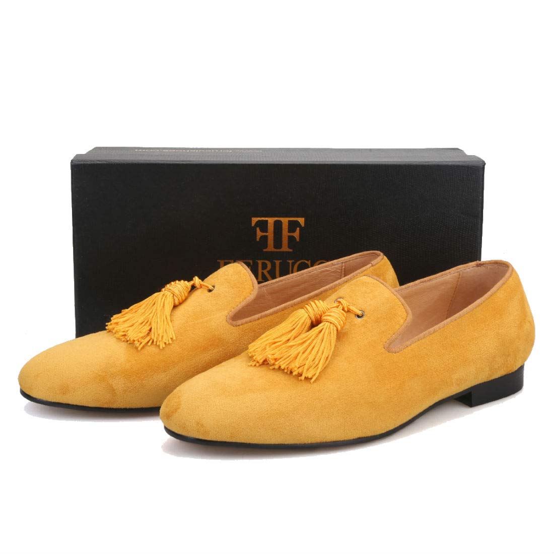 FERUCCI Men's Yellow Gold Suede Loafers with Tassel - Comfortable Slip-On Slippers for Indoor & Outdoor Wear - Perfect for Home, Office, and Casual Outings