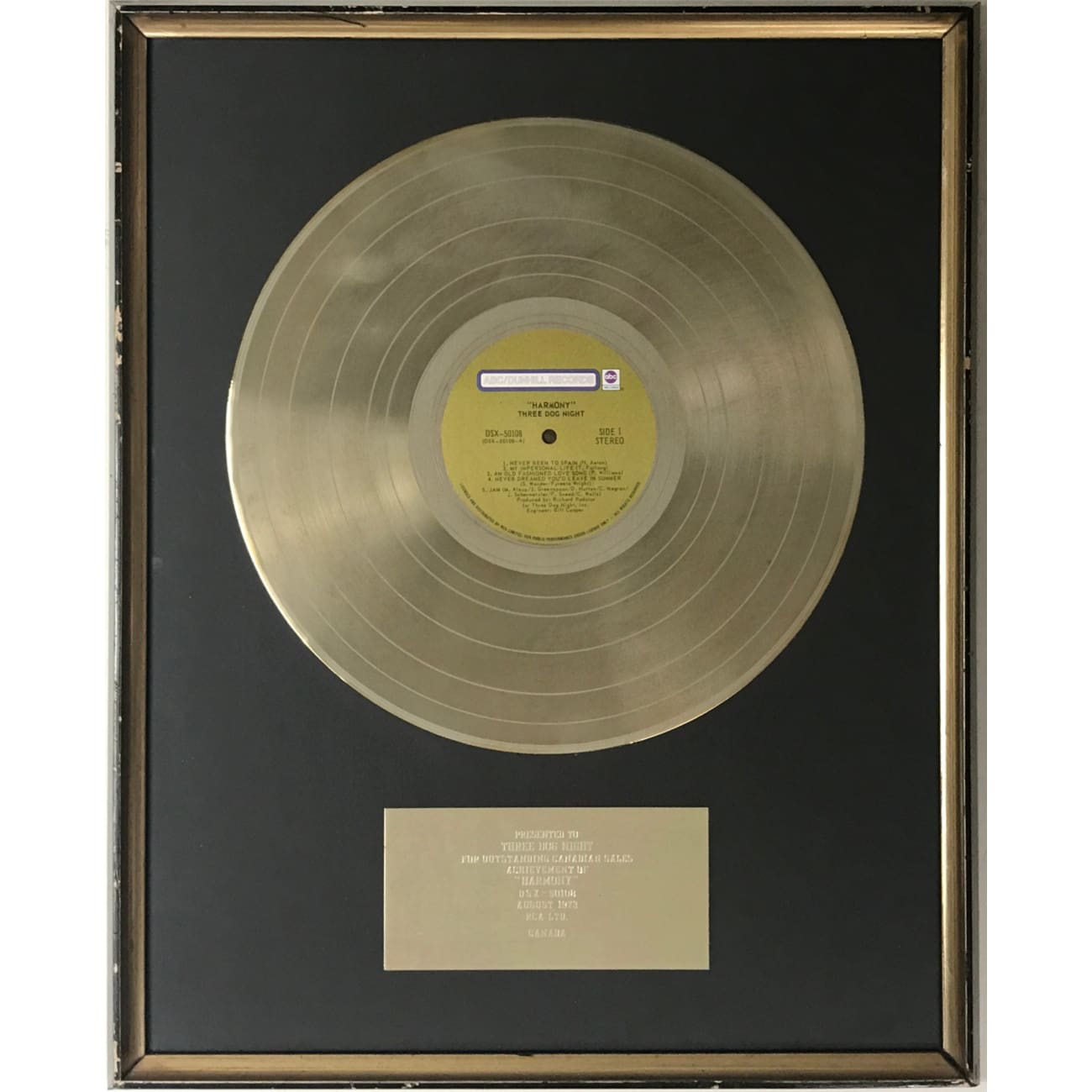 Three Dog Night Harmony 1973 Label Award - Vintage Music Memorabilia & Collectible Gift for Fans | Perfect for Music Lovers, Rock Enthusiasts, and Memorabilia Collectors