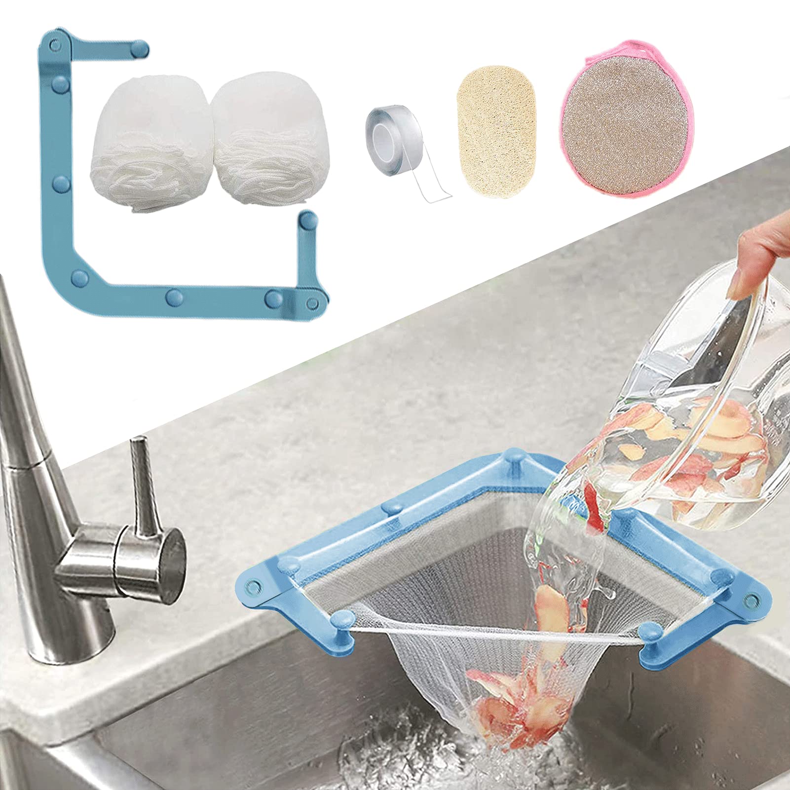 Triangular Kitchen Sink Strainer with Foldable Blue Rack & 100PCS Large Filter Mesh Bags - Drain Protector for Food Scraps, Vegetables, Fruits - Perfect for Home, Restaurant, and Commercial Kitchen Use