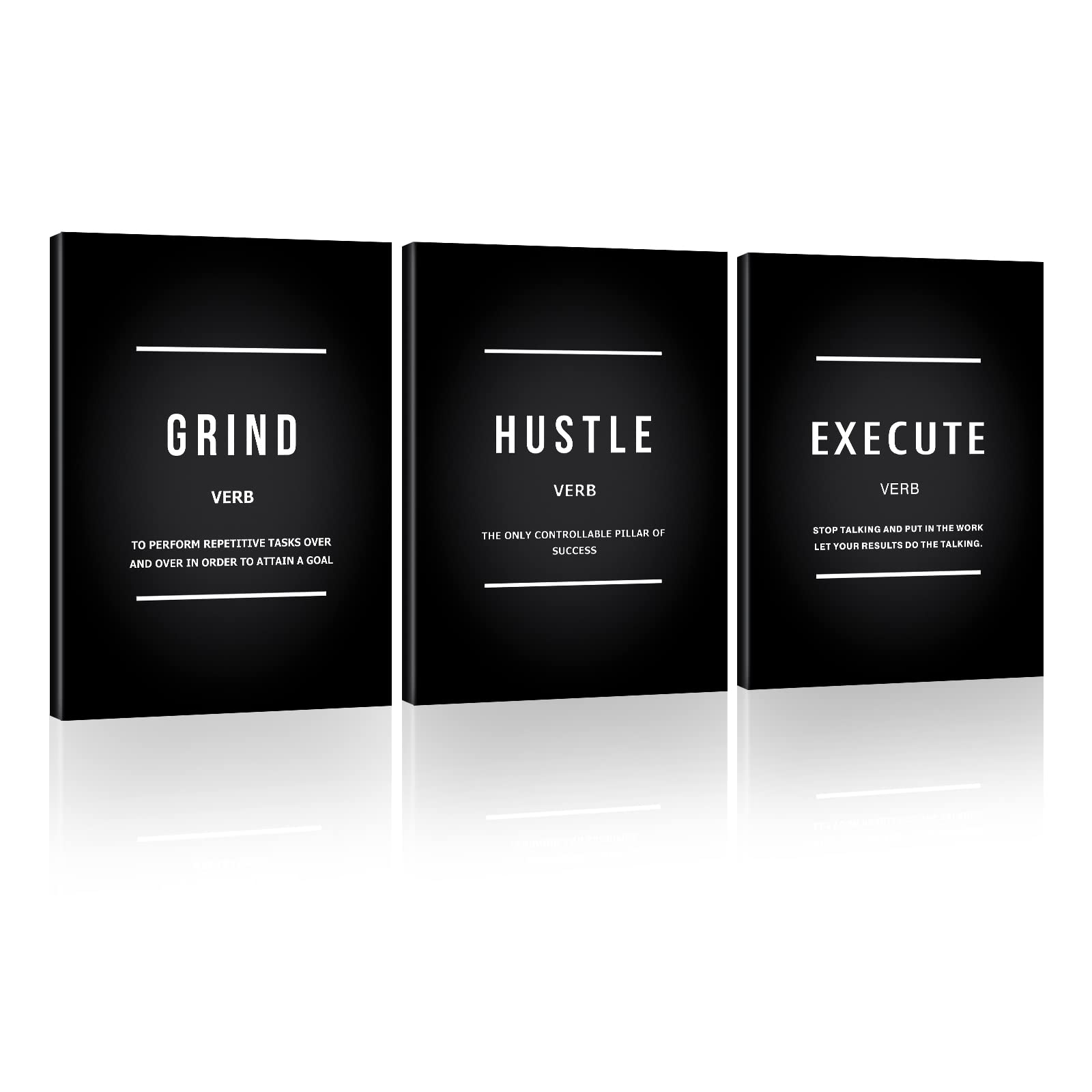Grind Hustle Execute Motivational Canvas Wall Art Set - 12x16 Inch 3-Piece Inspirational Quotes Posters for Office & Home Decor | Positive Affirmation Success Wall Hanging | Perfect Gift for Workplace, Gym & Study Room