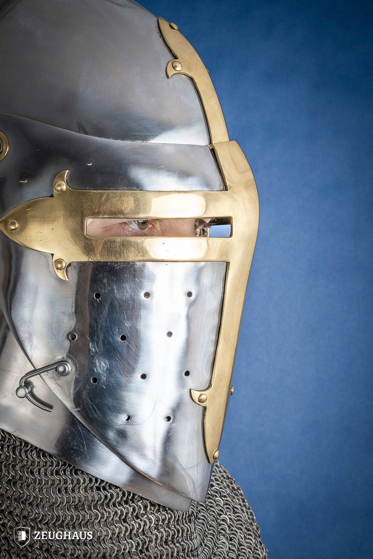 1.6mm Sugar Loaf Helmet with Brass Visor - Medieval Armor for LARP, Cosplay & Historical Reenactment