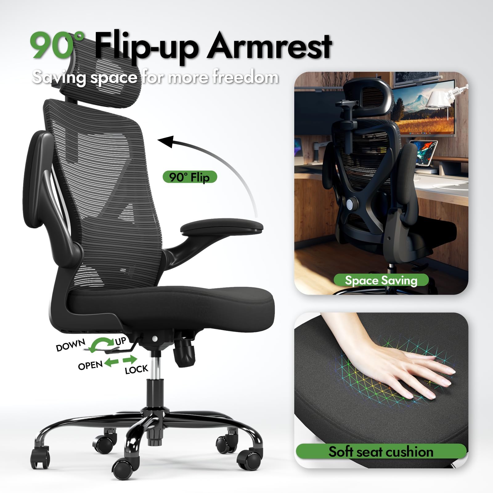 Ergonomic Office Chair with Lumbar Support & Headrest - Adjustable X-Shaped Computer Desk Chair for Home Office, Gaming & Work - Breathable Mesh Back, Comfortable Seat (Black) - Perfect for Long Hours Sitting, Online Meetings & PC Gaming
