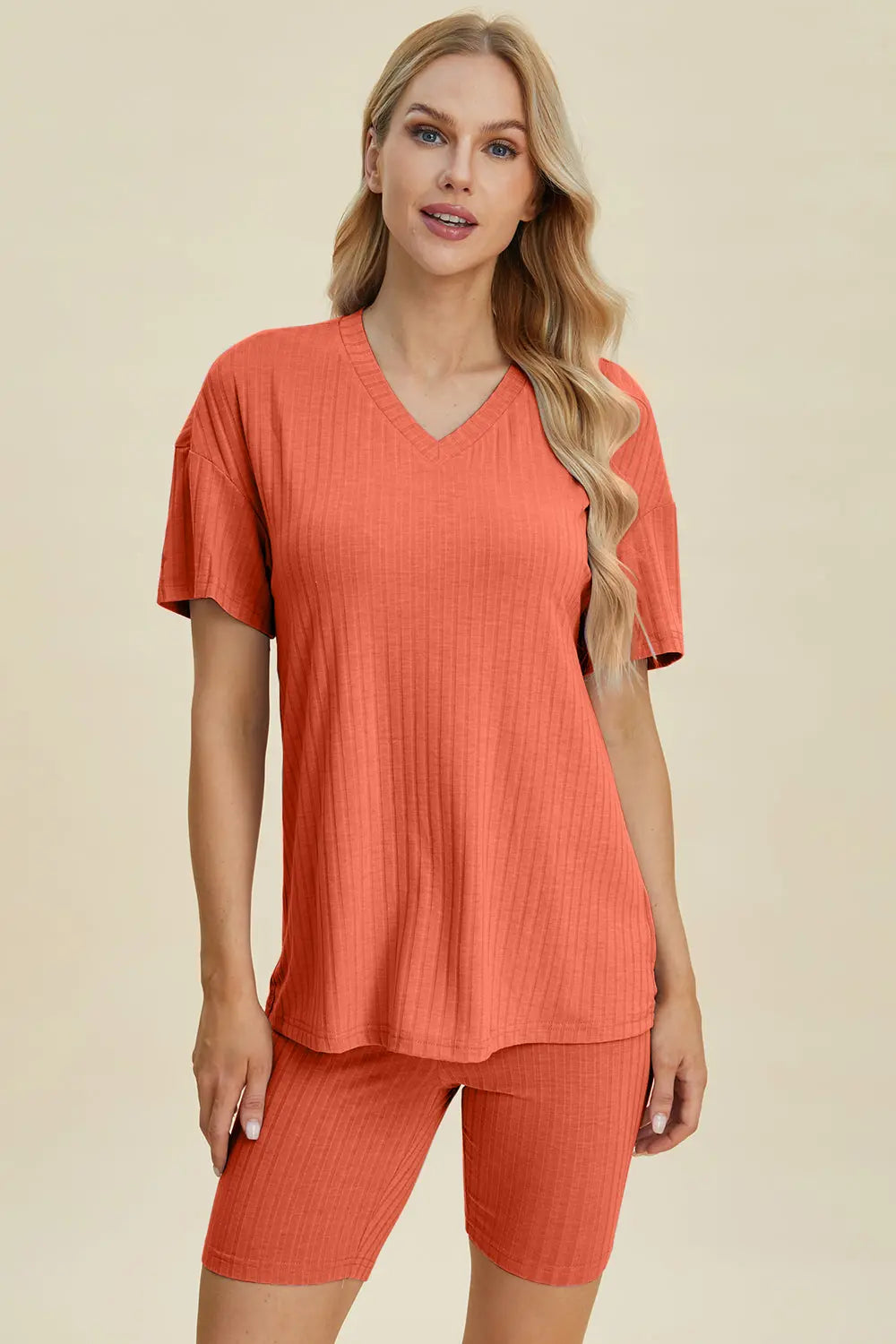Basic Bae Full Size Ribbed V Neck Short Sleeve Top and Shorts Set - Women's Casual Summer Outfit for Beach, Lounge & Everyday Wear