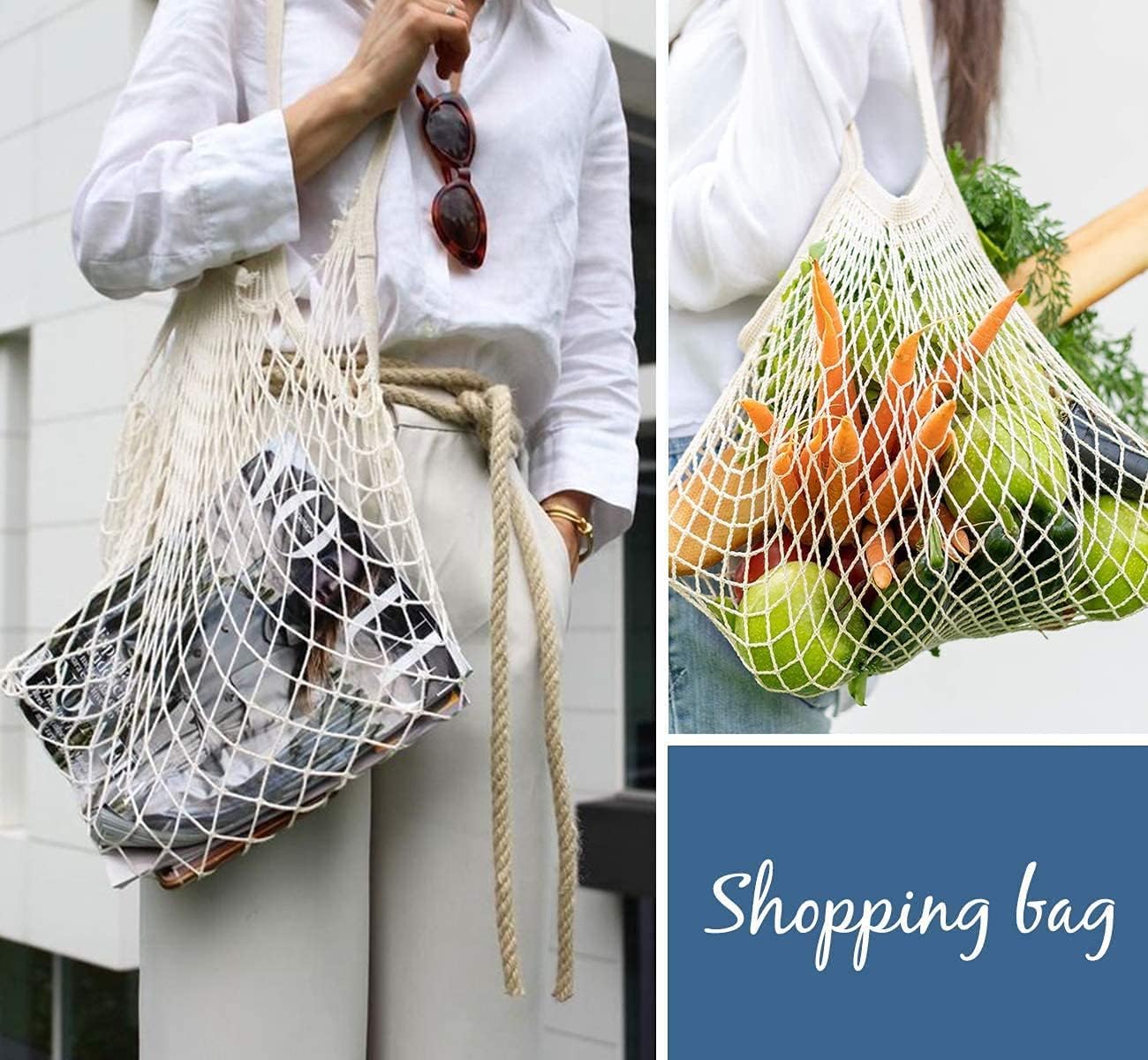 Eco-Friendly Reusable Cotton Mesh Produce Bags - Washable Grocery & Vegetable Storage Organizer with Handles | Perfect for Farmers Market, Zero Waste Shopping & Food Storage