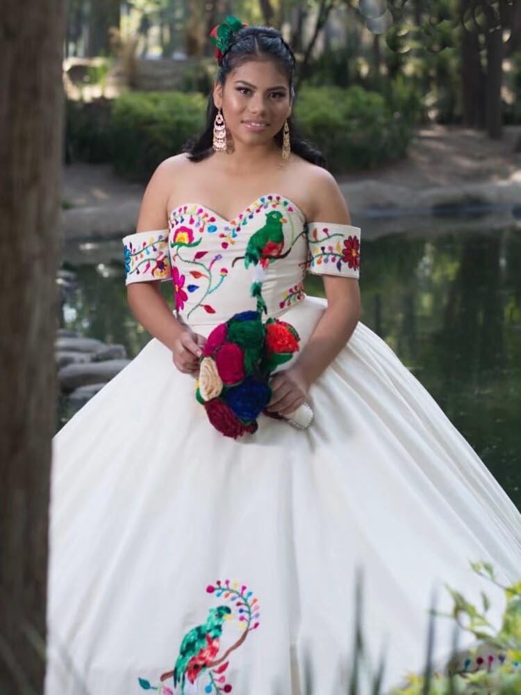 Elegant Gold Embroidered Organza Ball Gown - Puffy Ruffle Quinceañera Dress for Mexican Theme Prom 2025 | Perfect for Sweet 16, Quinceañeras, and Formal Dances