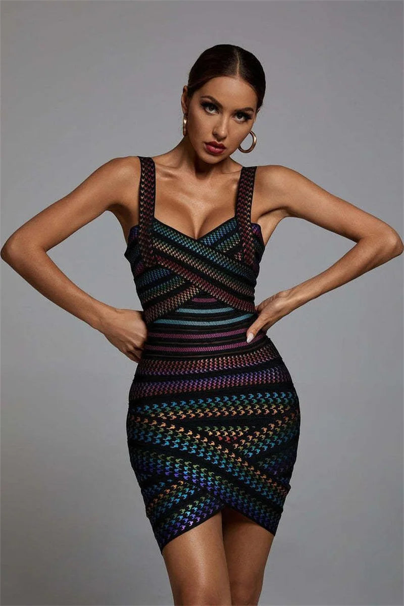 Celebrity-Inspired Colorful Striped Foil Print Rayon Bandage Bodycon Dress for Evening Parties & Night Out | Sexy Clubwear & Cocktail Dress for Women