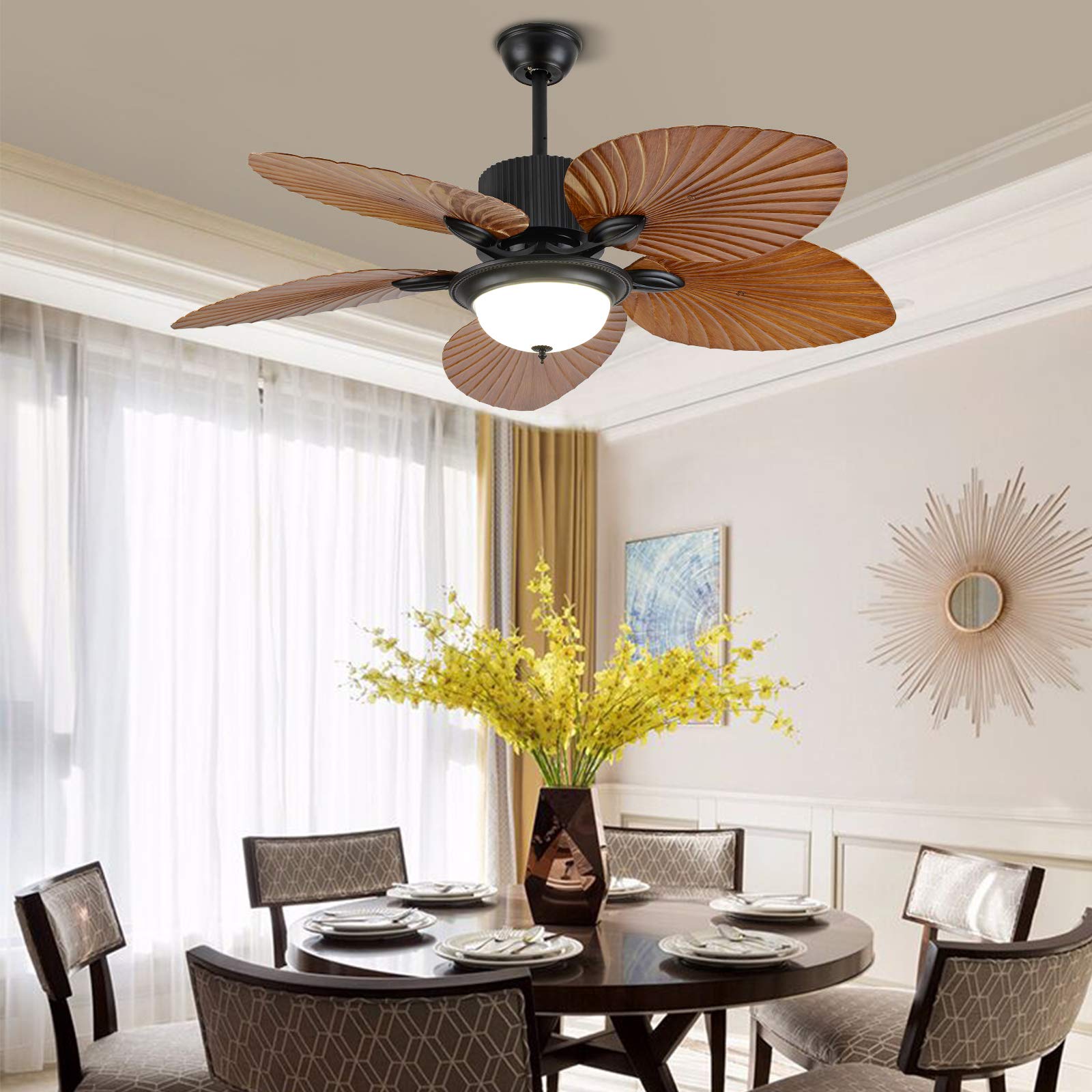 Eapmic 52 Inch Tropical Ceiling Fan with Sunset Bowl Light - 5 Hand Carved Wooden Leaf Blades - Outdoor/Indoor Use for Bedroom, Dining Room, Patio, Porch - Perfect for Coastal, Beach House & Tropical Decor Styles