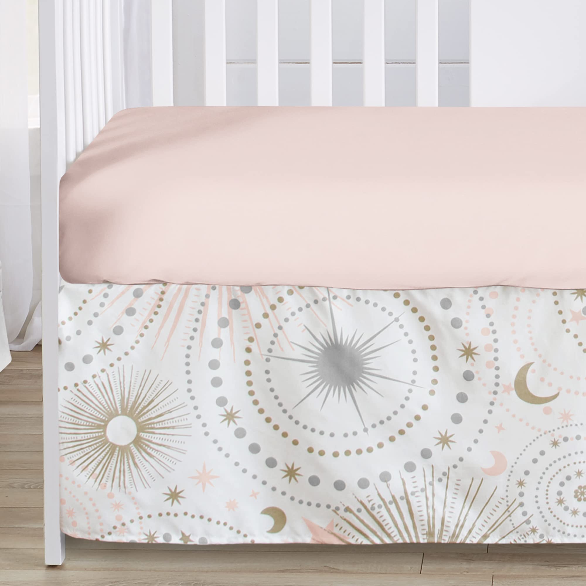 Sweet Jojo Designs Blush Pink & Gold Star Moon Baby Crib Bedding Set - 5 Piece Nursery Set with Quilt, Fitted Sheet, Skirt & Diaper Stacker - Celestial Sky Stars Theme - Perfect for Girls' Nursery Room Decor & Baby Shower Gifts
