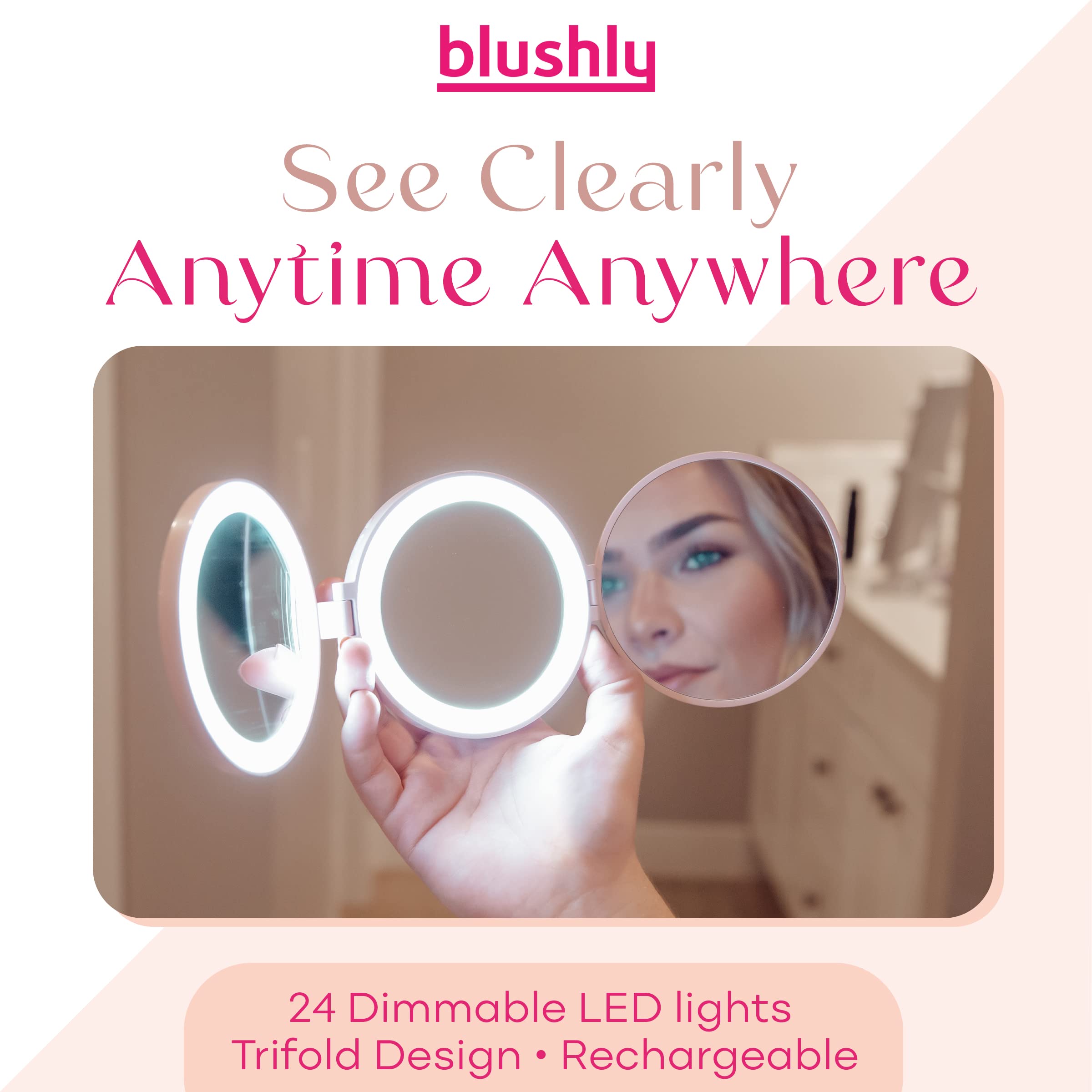 3-in-1 Trifold Lighted Makeup Mirror with 1X/5X/10X Magnification - 24 Dimmable LED Vanity Mirror for Precise Makeup Application - Portable Travel & Back to School Essential - Distortion-Free, 3.8 x 3.8 Inches, 1-Inch Thick - Perfect for Home, Dorm, Salon & On-the-Go Touchups