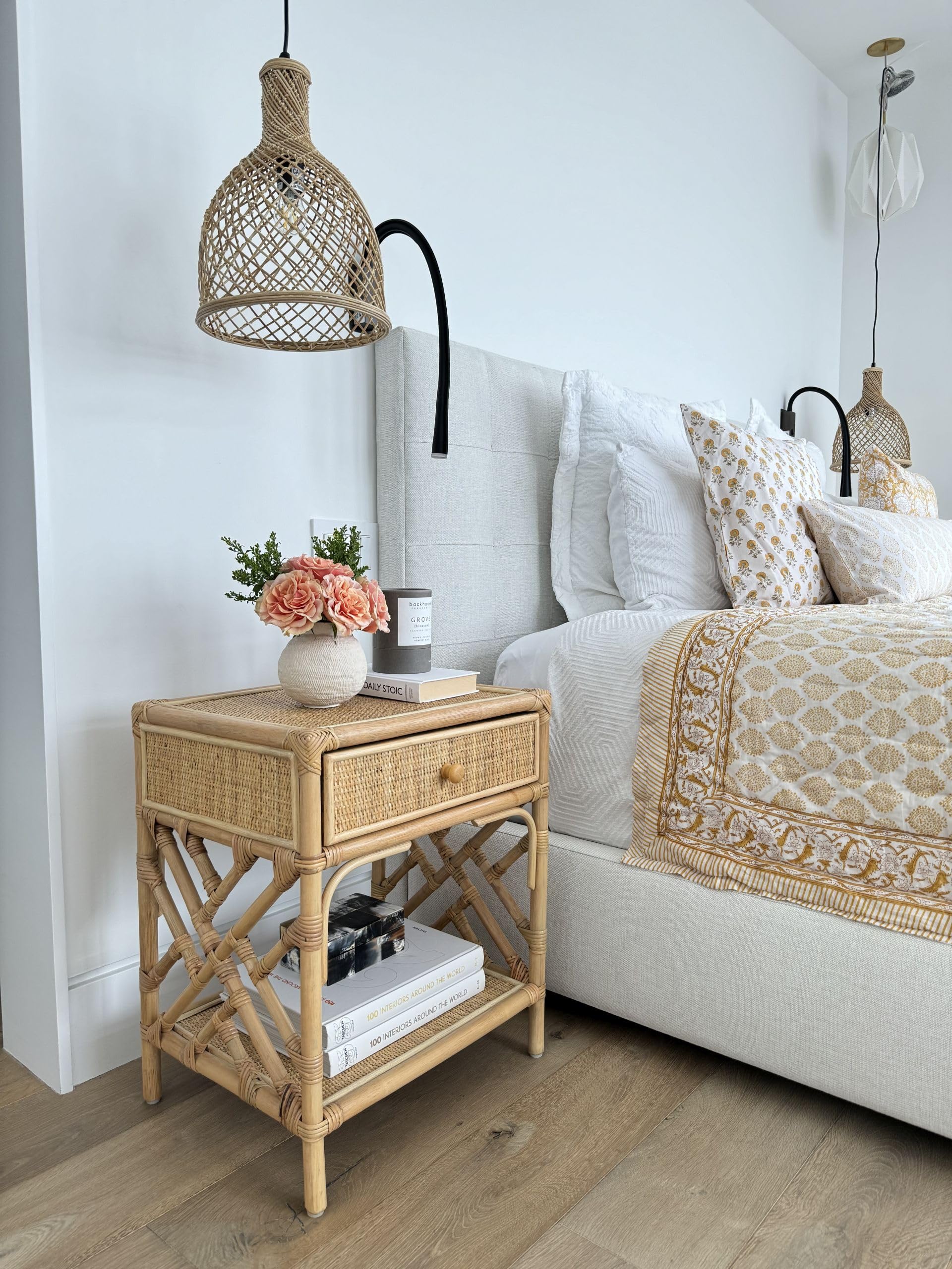 Kouboo Rattan Nightstand with Drawer - Chippendale Design Bedside Table for Bedroom & Living Room | Boho Mid-Century Modern Accent Table with Storage, Light Brown - Perfect for Small Spaces, Guest Rooms & Cozy Home Decor