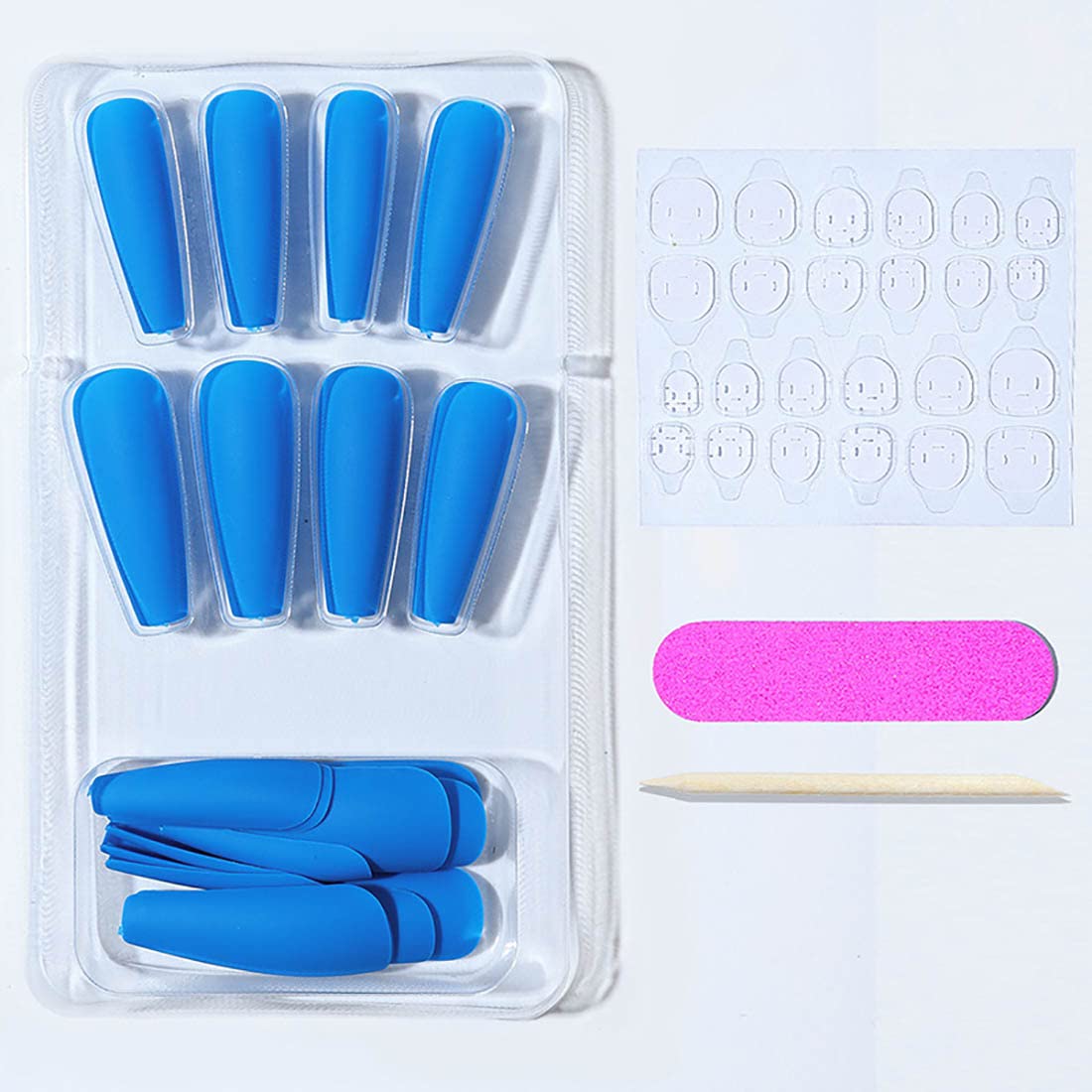 24pcs Coffin French Ballerina Press on Nails - Long Glossy Frosted Acrylic Fake Nails with Full Cover Design for Women & Girls | Perfect for Parties, Weddings, and Special Occasions (Blue)
