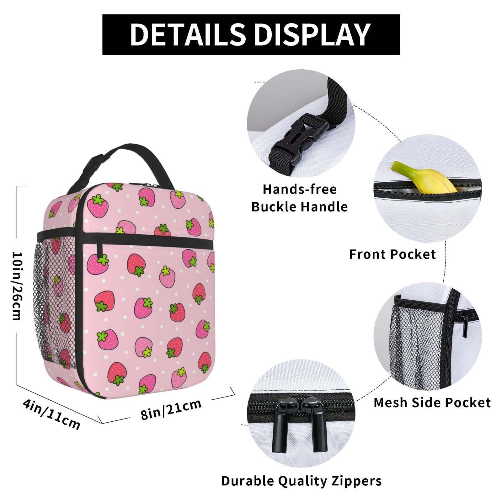 KiuLoam Insulated Lunch Box - Cute Strawberry Pink Reusable Lunch Bag with Shoulder Strap for Women, Men, Girls & Boys - Perfect for School, Work, Picnics & Outdoor Activities