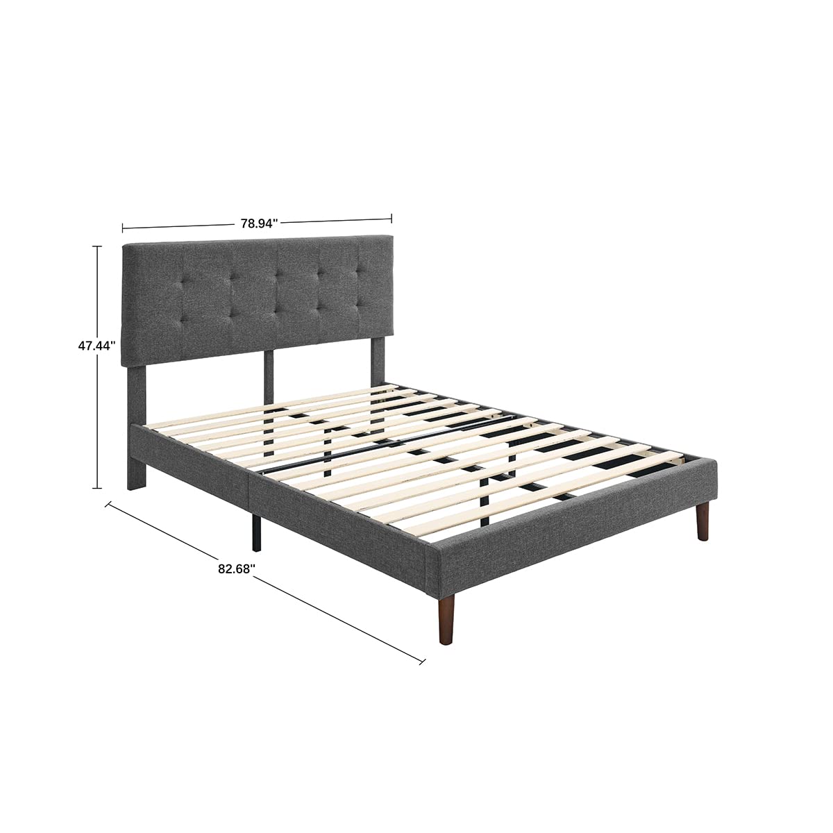 King Size Dark Grey Linen Upholstered Platform Bed Frame with Square Stitch Tufted Headboard & Wooden Slats - Adjustable Height for Modern Bedroom Decor
