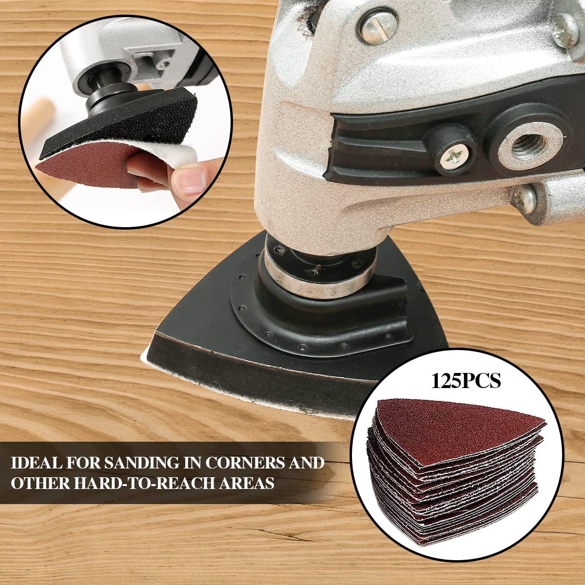 130Pcs Oscillating Tool Sanding Kit with 5 Triangle Pads & 125 Sandpaper Sheets - 60/80/120/180/240 Grits Hook & Loop for Wood, Plaster, Metal & DIY Projects - Perfect for Home Renovation, Furniture Refinishing & Surface Polishing