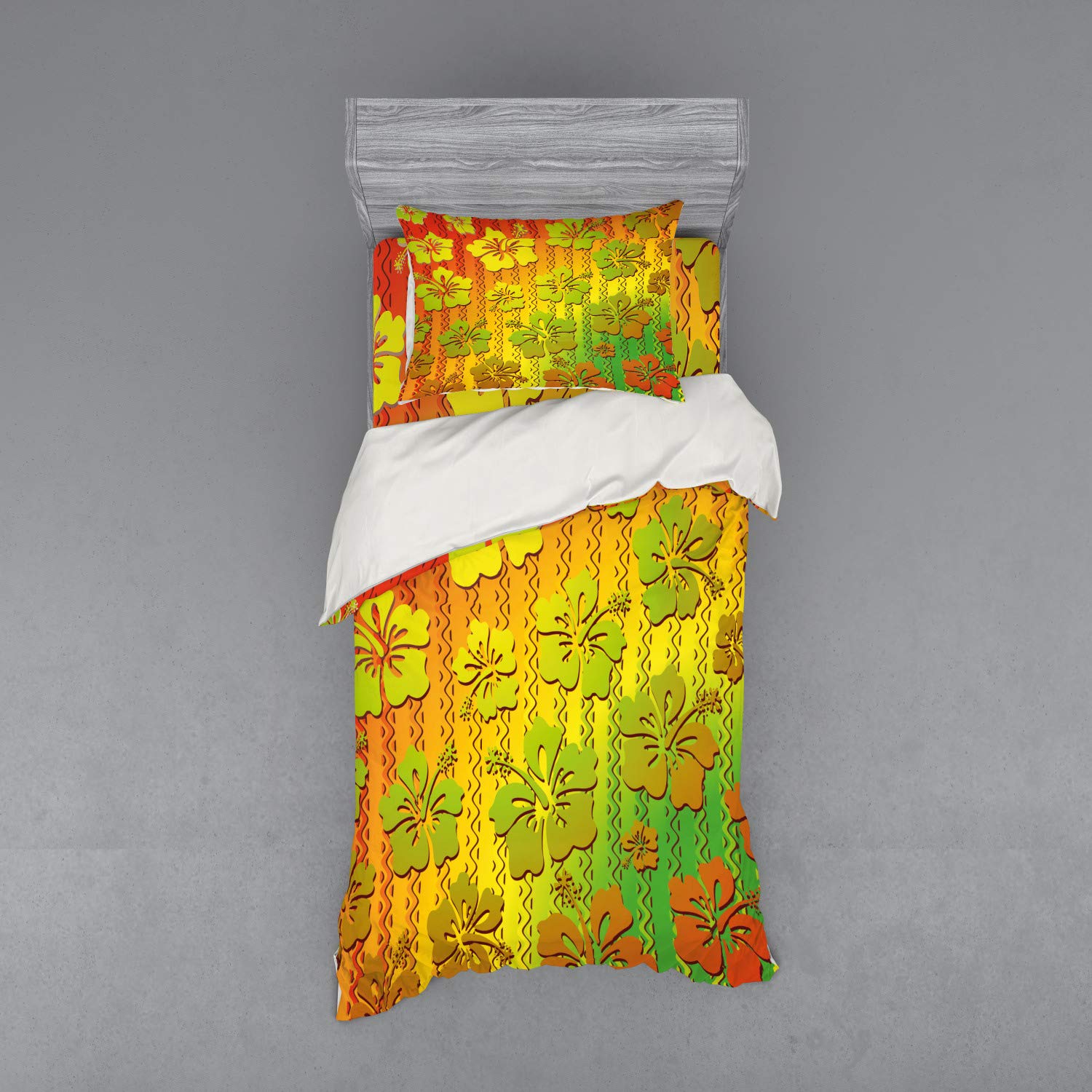 Ambesonne Rasta Bedding Set - Exotic Jamaican Hibiscus Flower with Zig Zag Lines Print, 3-Piece Duvet Cover Set with Pillow Sham & Fitted Sheet, Twin XL Size in Pale Green, Red & Marigold Colors | Perfect for Bohemian & Tropical Bedroom Decor, Dorm Room Essentials, and Unique Gift Ideas