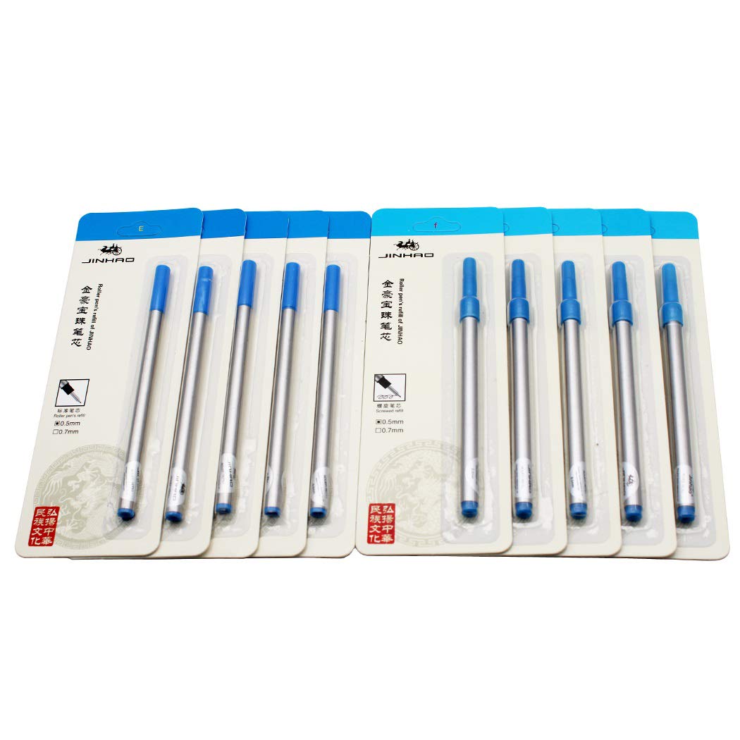 10-Pack Jinhao 0.5mm Blue Rollerball Pen Refills - Compatible with Spiral & Standard Pens - Smooth Writing for Office, School & Daily Use