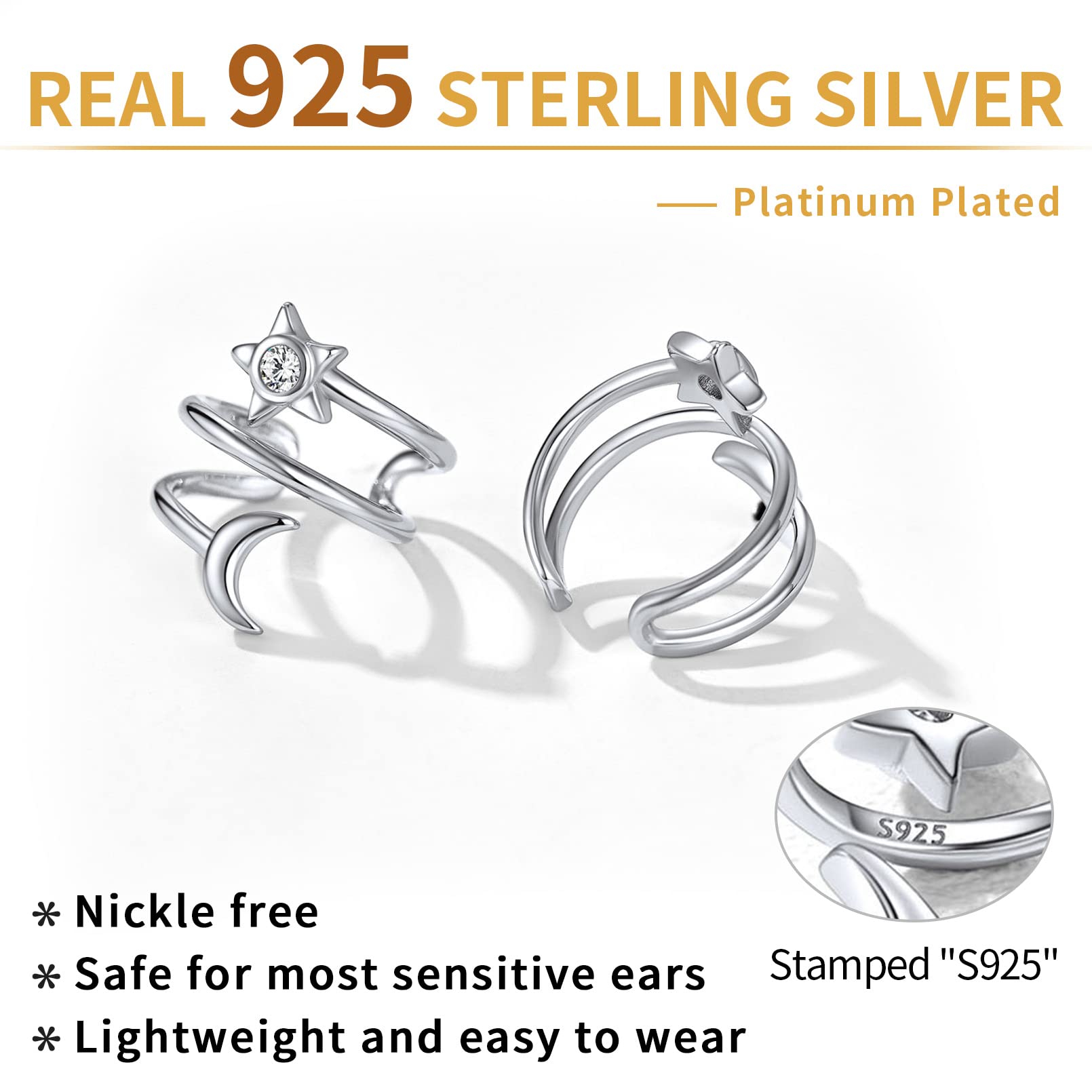 ChicSilver 925 Sterling Silver Non-Piercing Clip-On Ear Cuff | Cartilage Earrings for Women | Hypoallergenic Fashion Jewelry | Perfect for Parties, Weddings & Everyday Wear (Includes Gift Box)