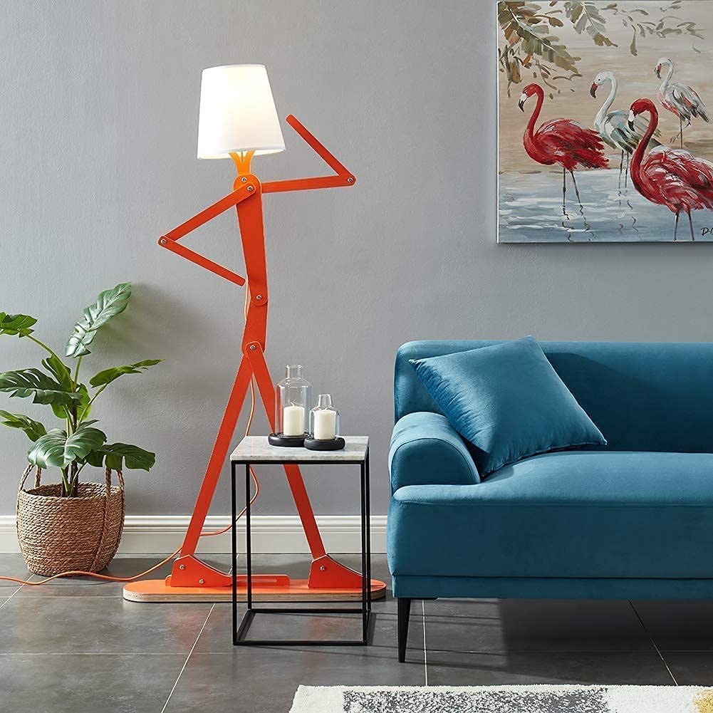 Stylish Wooden Floor Lamp with Swing Arm - Tall Decorative Standing Light for Living Room, Bedroom, Office & Farmhouse - Energy Efficient LED Bulb Included (Orange) - Perfect Reading Lamp & Cozy Home Decor Gift Idea