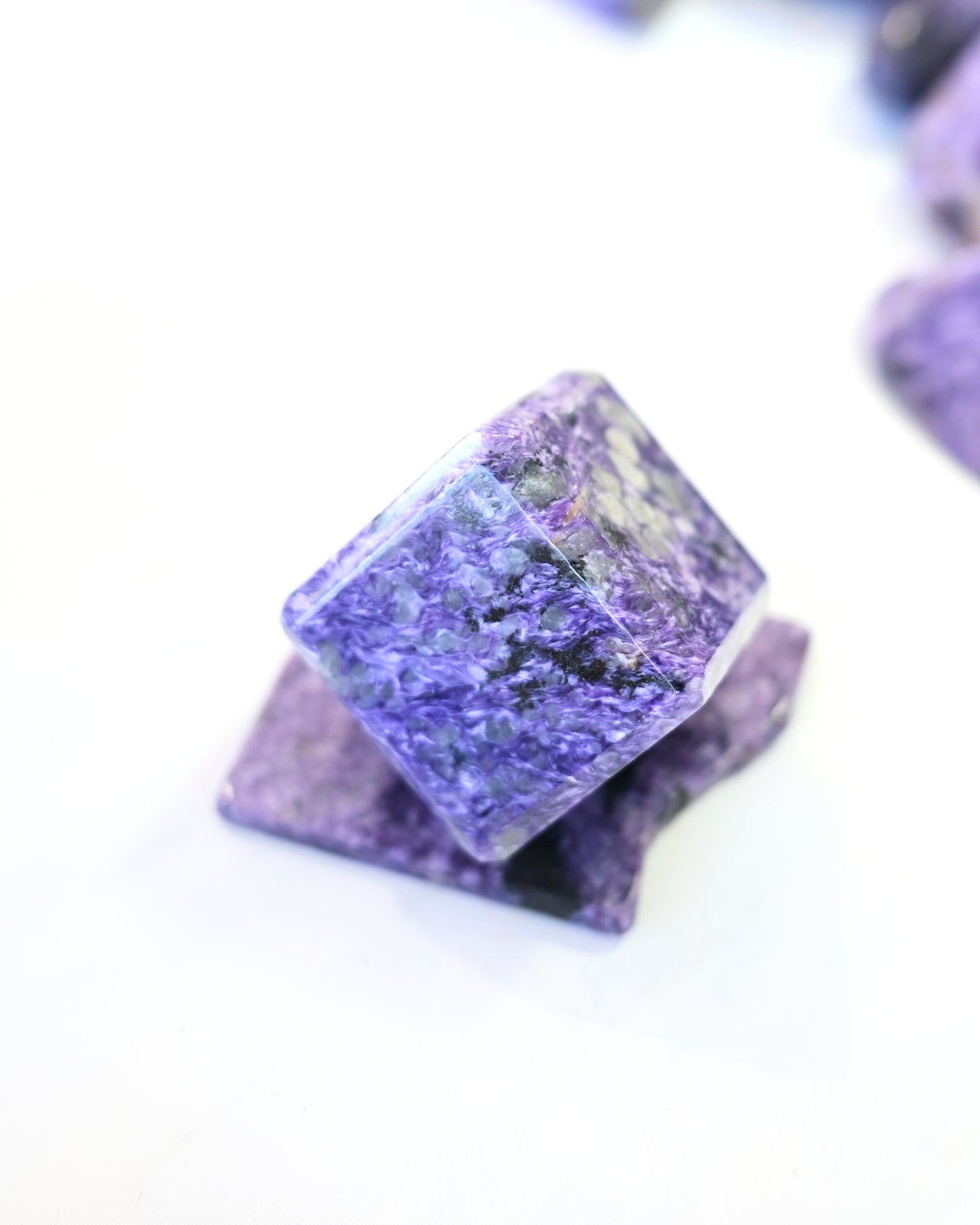 Natural Charoite Crystal Cube with Wooden Display Stand - Healing Stone for Meditation, Reiki, and Home Decor