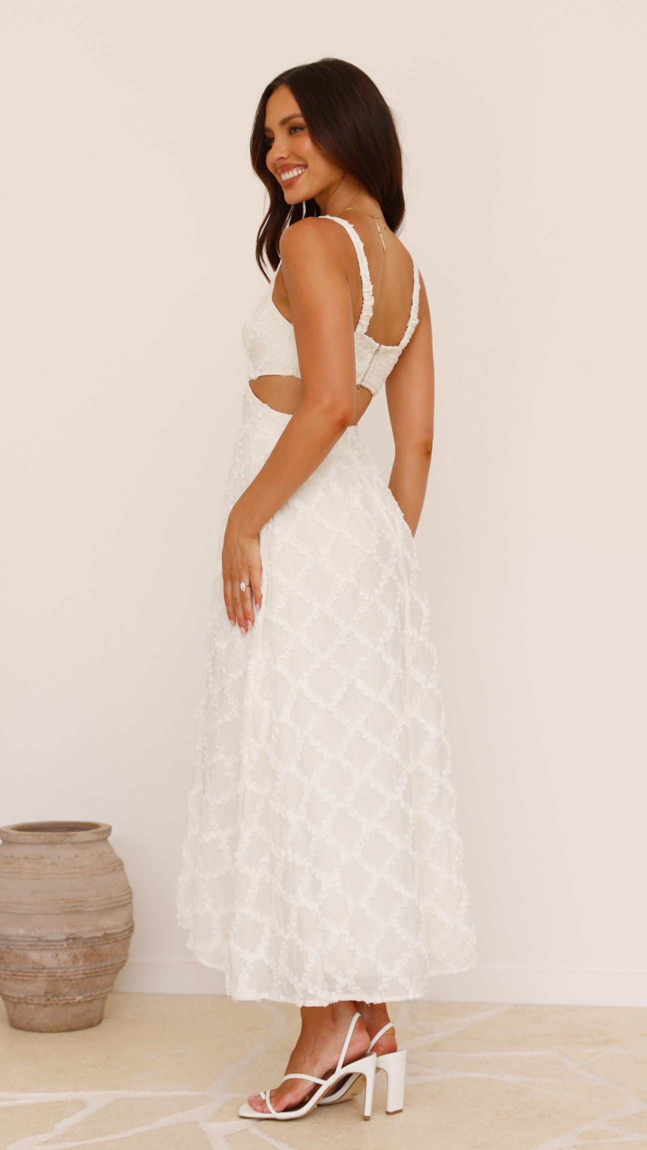 Jenny Side Cut Midi Dress in Cream - Elegant Flowy Summer Dress for Women, Perfect for Beach Vacations, Date Nights & Cocktail Parties