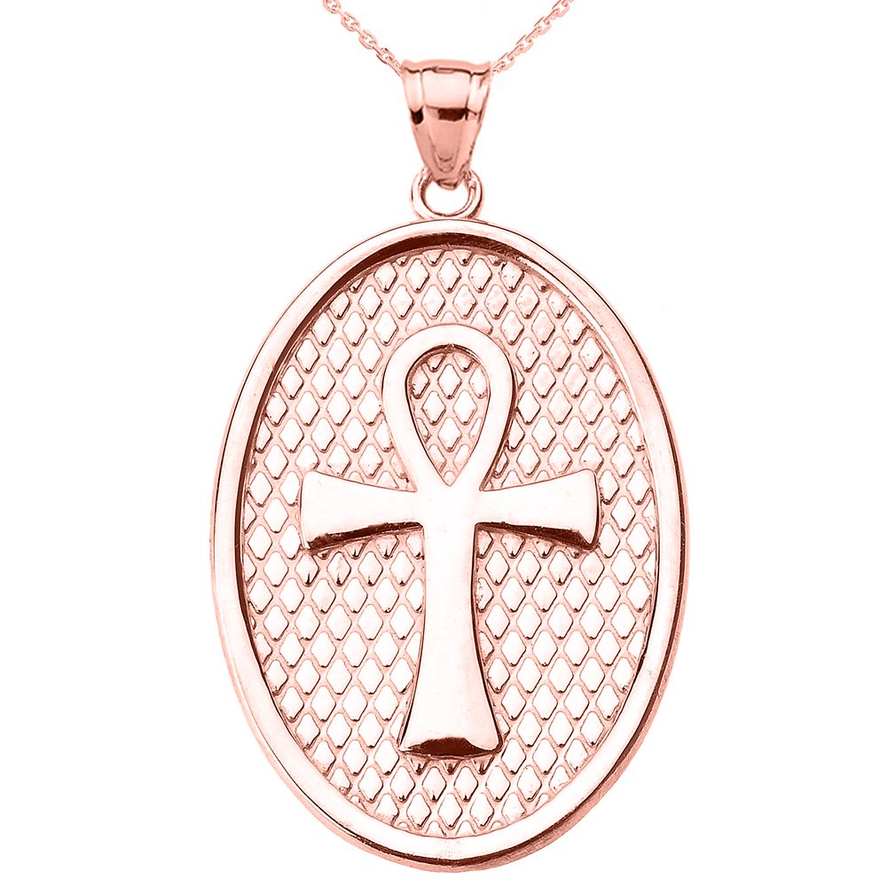 10k Rose Gold Egyptian Ankh Cross Engravable Oval Pendant Necklace with Chain - Spiritual Jewelry for Women, Perfect for Gifts & Everyday Wear