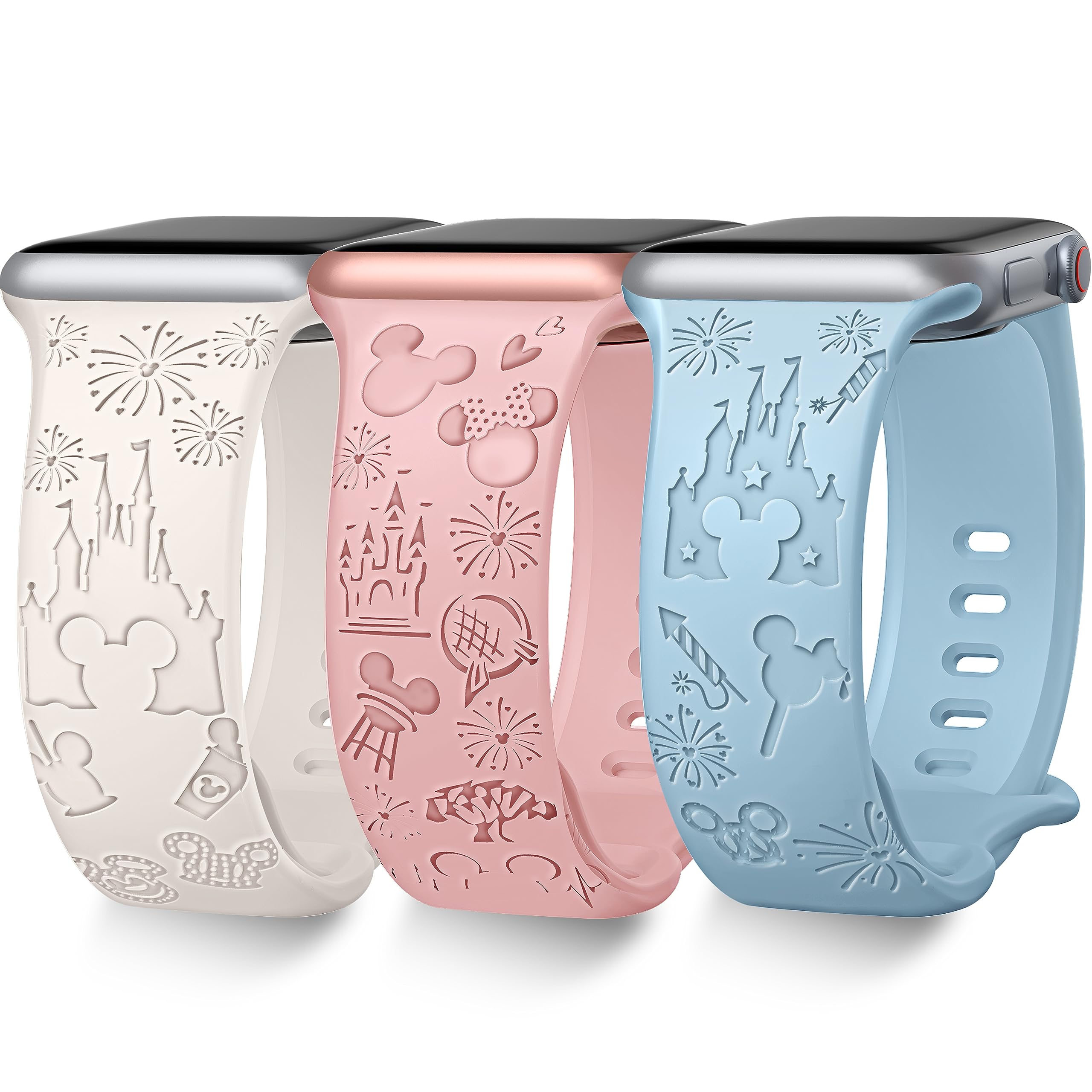 3 Pack Cute Cartoon Engraved Apple Watch Bands - Soft Silicone Wristbands Compatible with iWatch Series 8/7/6/SE/5/4/3/2/1/Ultra (40mm 44mm 41mm 38mm 45mm 42mm 49mm) - Trendy Women's Accessories for Workout, Office & Daily Wear