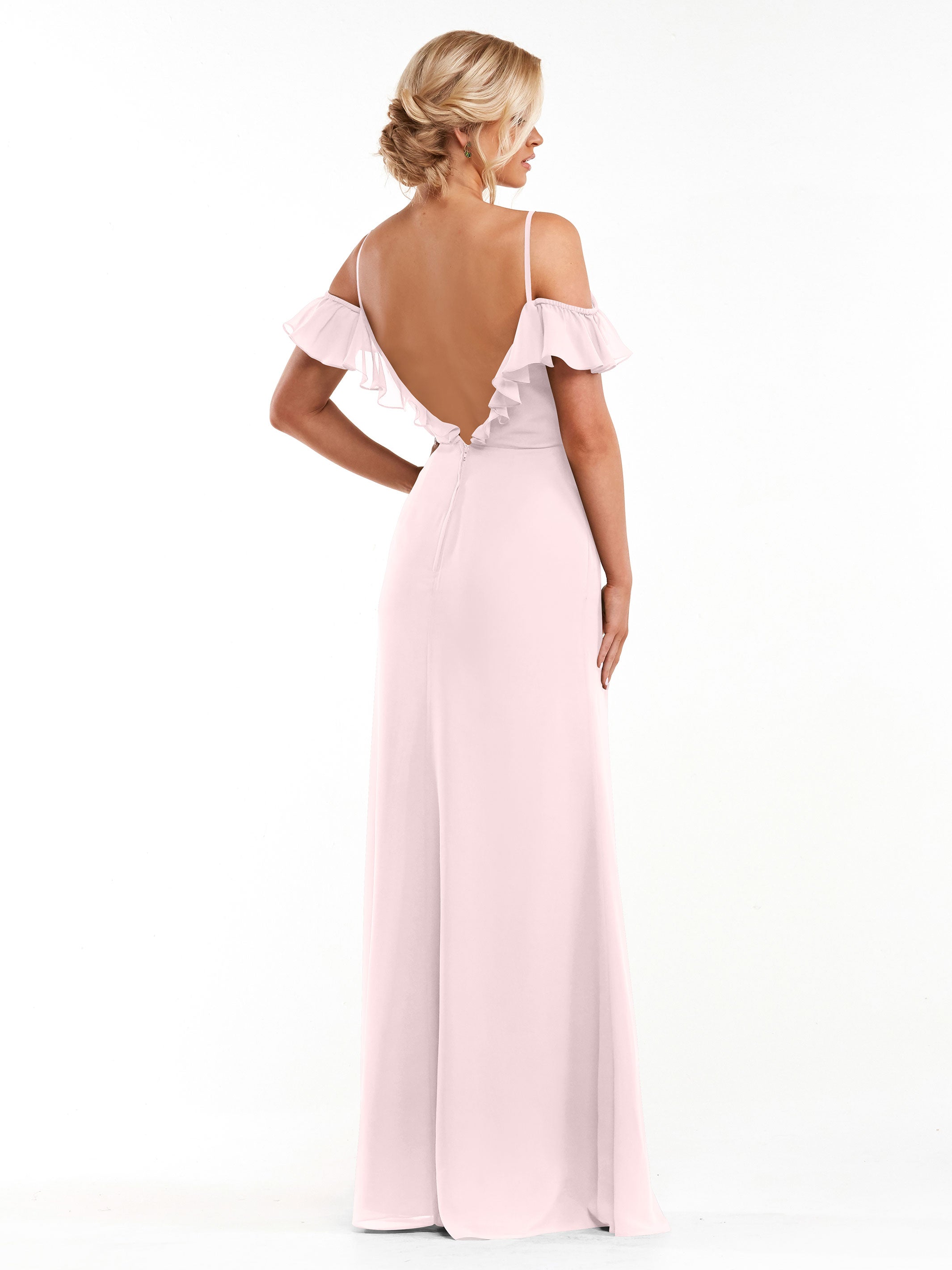 Elegant 80172 Chiffon Off-The-Shoulder A-Line Bridesmaid Dress with Ruffled Neckline - Perfect for Weddings, Formal Events & Special Occasions