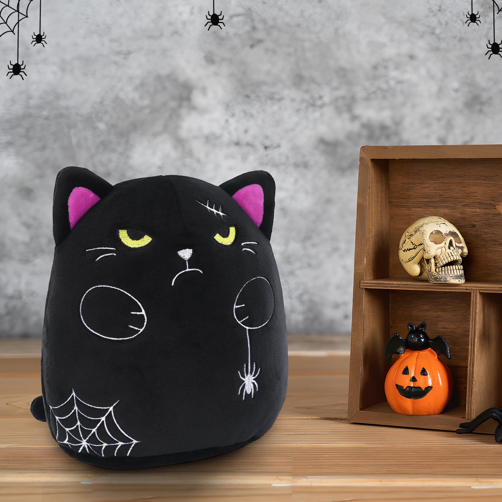 Black Cat Plush Pillow - 9 Inch Halloween Stuffed Animal Toy, Soft & Cute Home Decor for Kids & Adults | Perfect for Halloween Decorations, Gifts, and Cozy Bedroom Accents