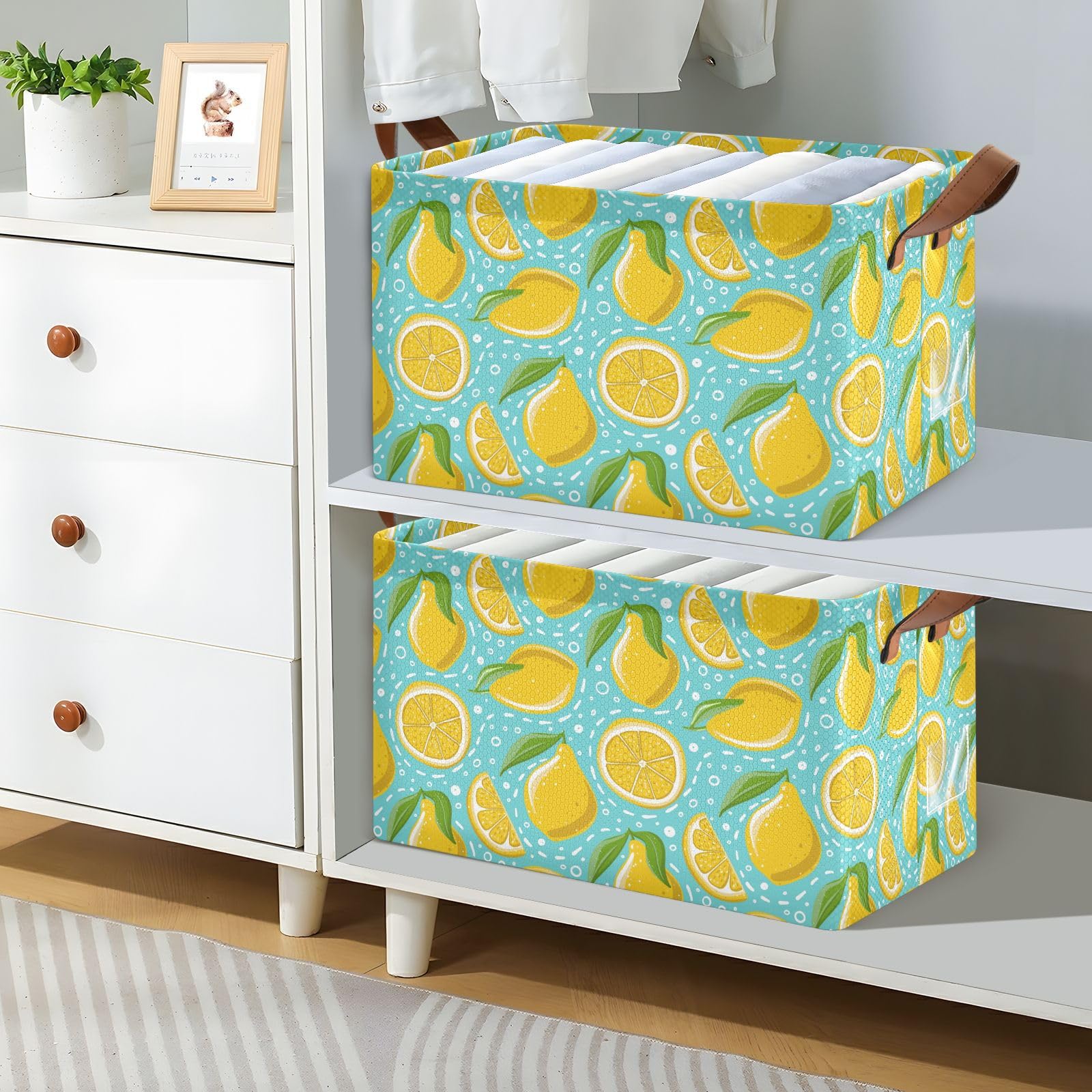 2 Pack Fabric Storage Bins with Metal Frame & Leaves Design - Foldable Closet Baskets for Shelves, Nursery, Home & Office Organization | Perfect for Bedroom Closet, Kids Room & Pantry Storage