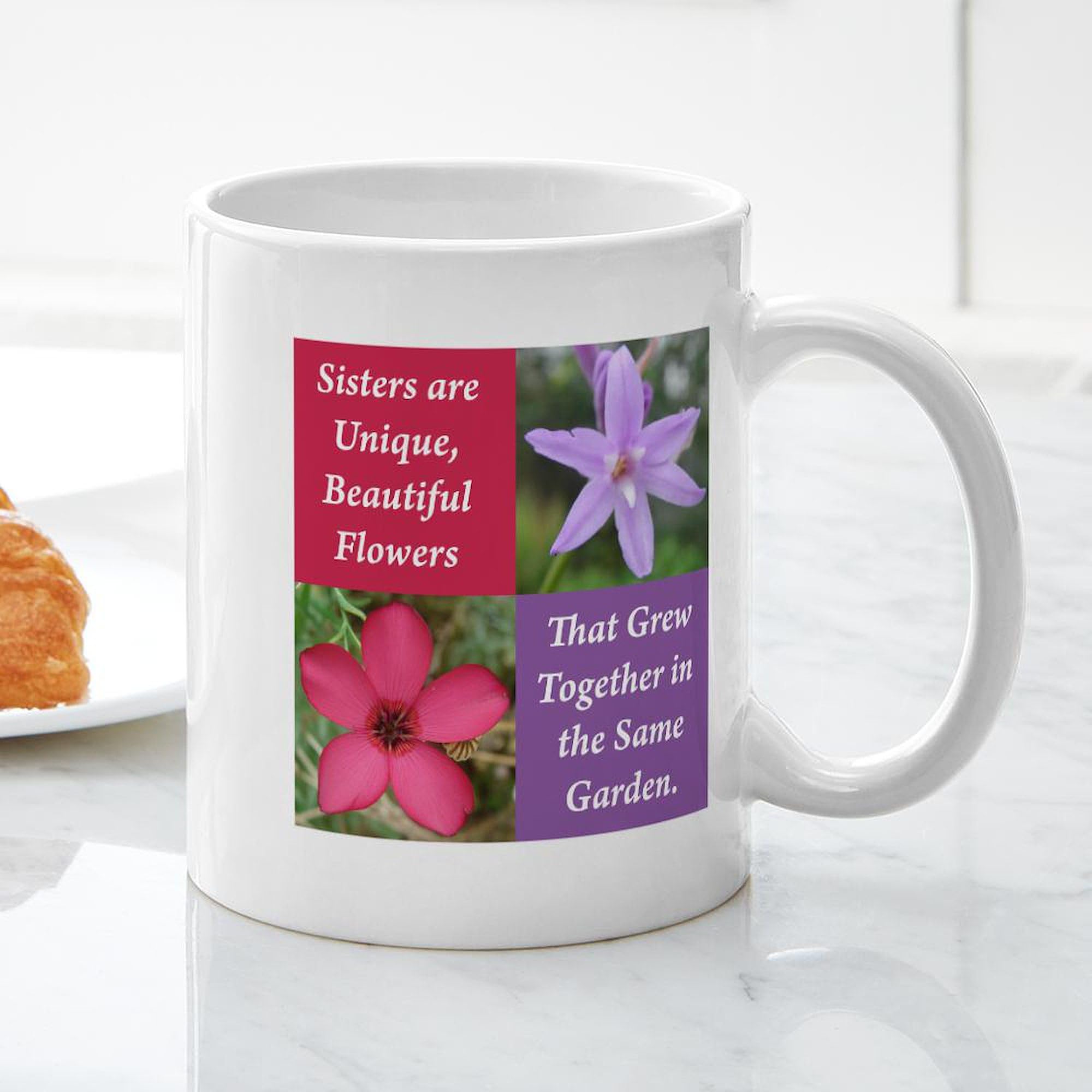 Sisters Coffee Mug - 11 oz (325 ml) Ceramic Cup with Two Flowers Design - Perfect for Sibling Gifts, Birthday Presents & Family Tea Time