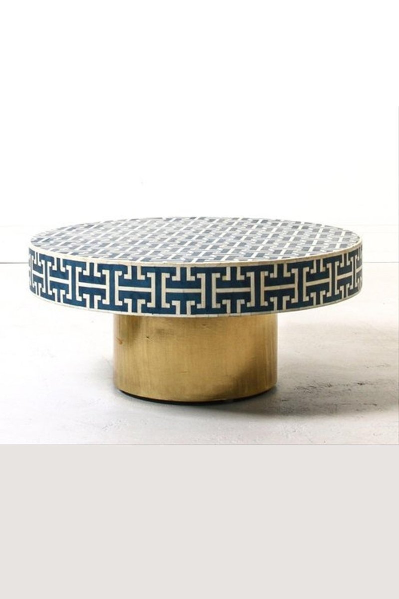 Handmade Round Brass and Inlay Coffee Table - Blue Custom Made Center Table for Living Room, Lounge & Home Decor | Vintage Boho Style Furniture