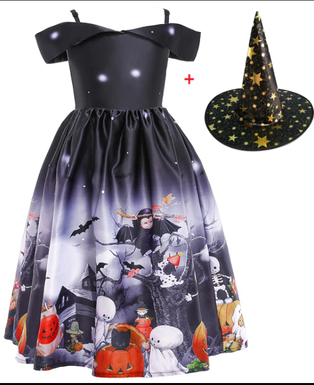 Halloween Princess Dress for Girls - Elegant Printed Mesh Costume for Trick or Treat, Parties & Dress-Up Play