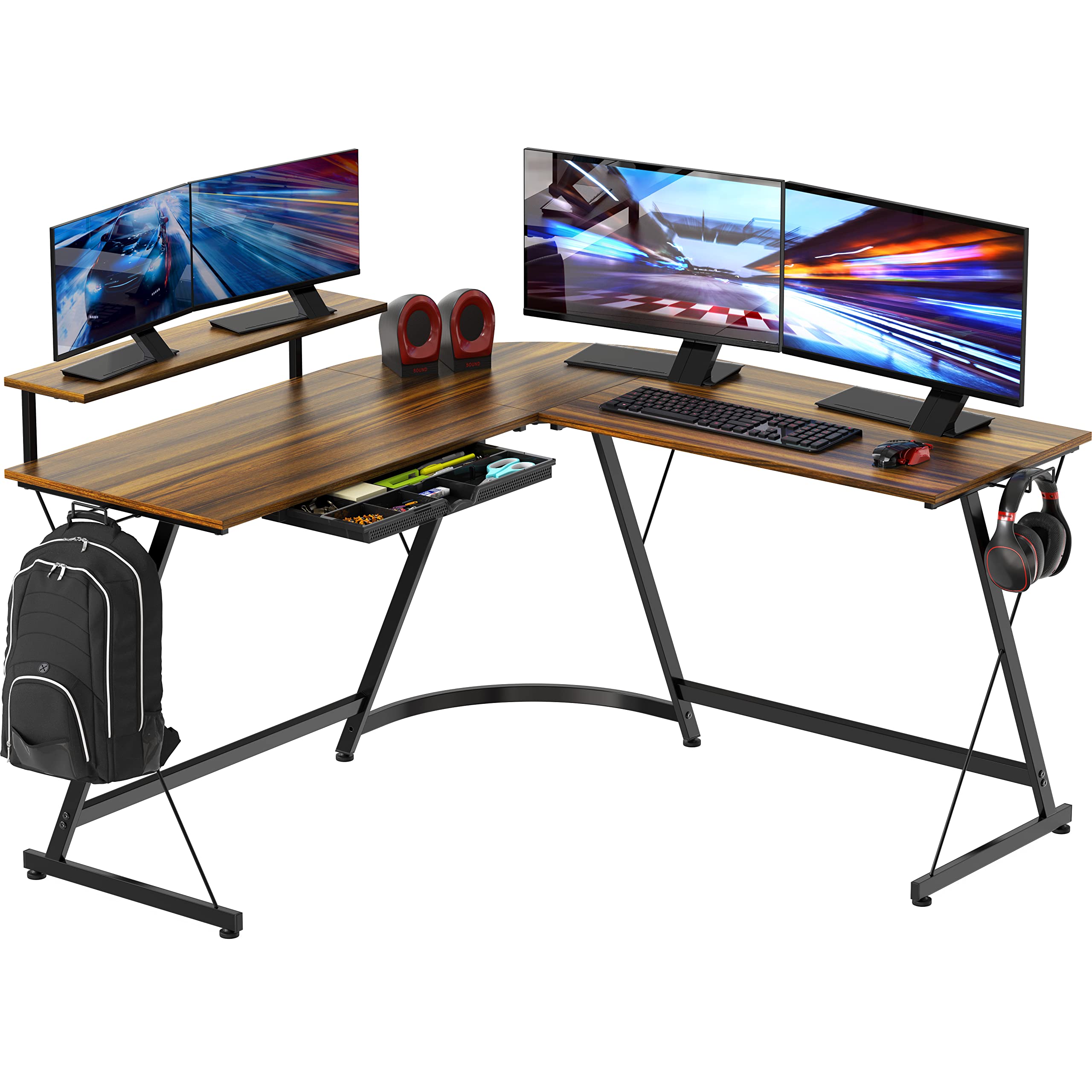 SHW Vista L-Shape Computer Desk with Monitor Stand - Walnut Finish Home Office Desk for Work & Gaming - Perfect for Small Spaces & Multi-Monitor Setups