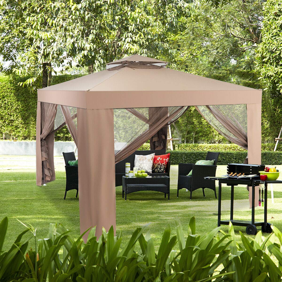 Tangkula 10x10 Ft Outdoor Gazebo with Netting - Brown Patio Canopy Tent for Garden, Lawn, and Backyard - Perfect for Outdoor Parties, BBQ Gatherings & Relaxing in Your Yard