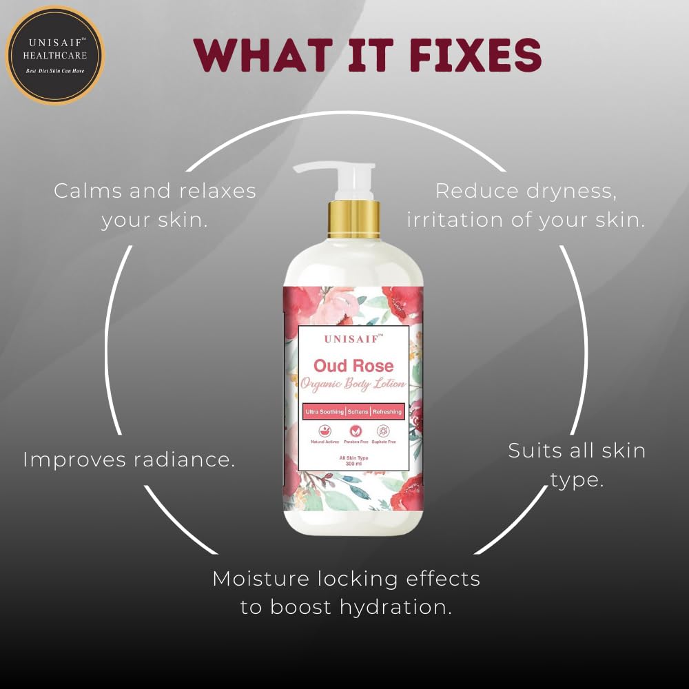 Oud Rose Organic Body Lotion for Women & Men - Natural Moisturizing Hand & Body Cream for Dry Skin - 10.14 Fl oz (300ml) - Perfect for Daily Hydration & Aromatherapy Relaxation