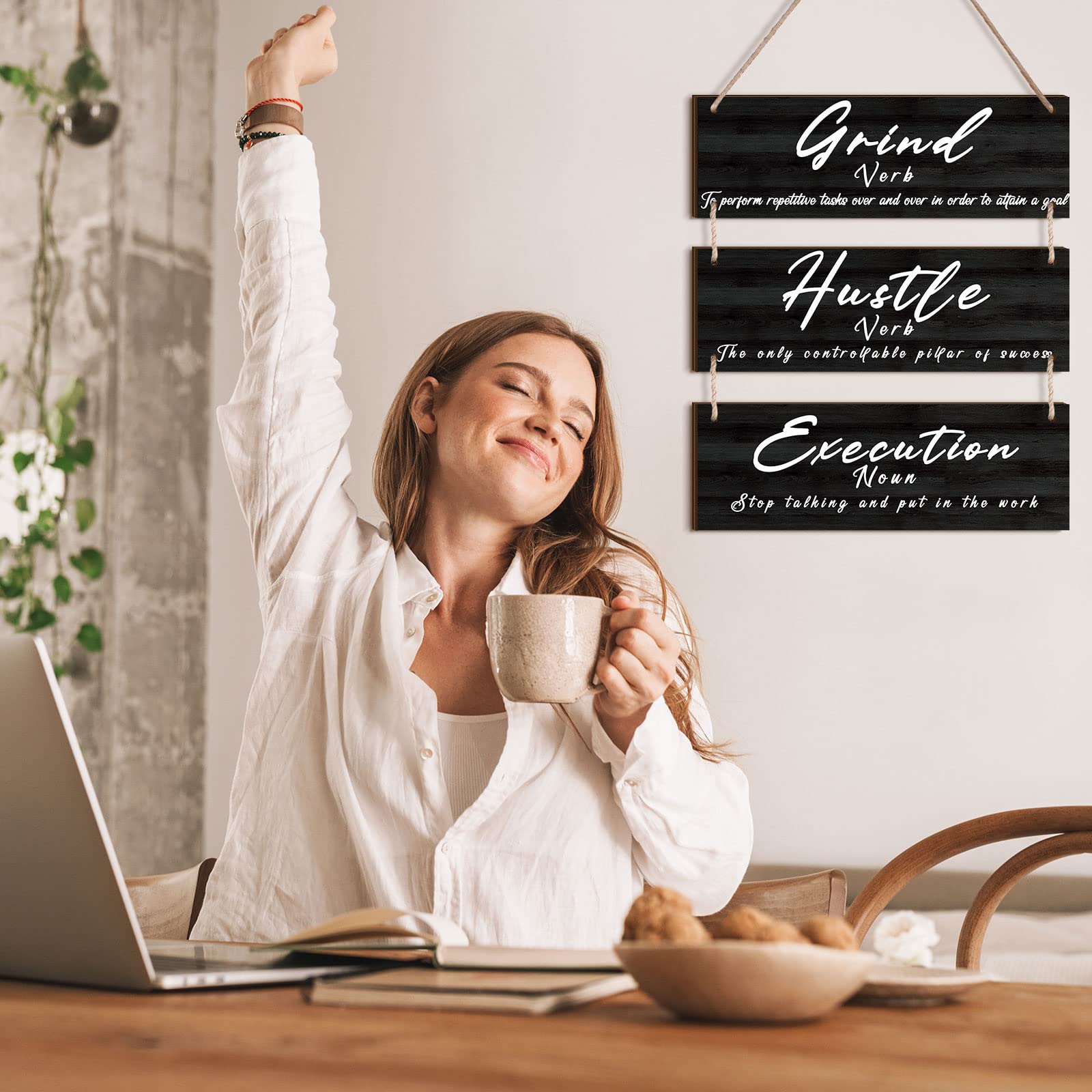 Yookeer Wooden Motivational Wall Art - Success Quote, Grind Hustle Execution Inspirational Print for Home Office, Bedroom & Workplace Decor | Perfect for Men's Workspace & Office Wall Hangings