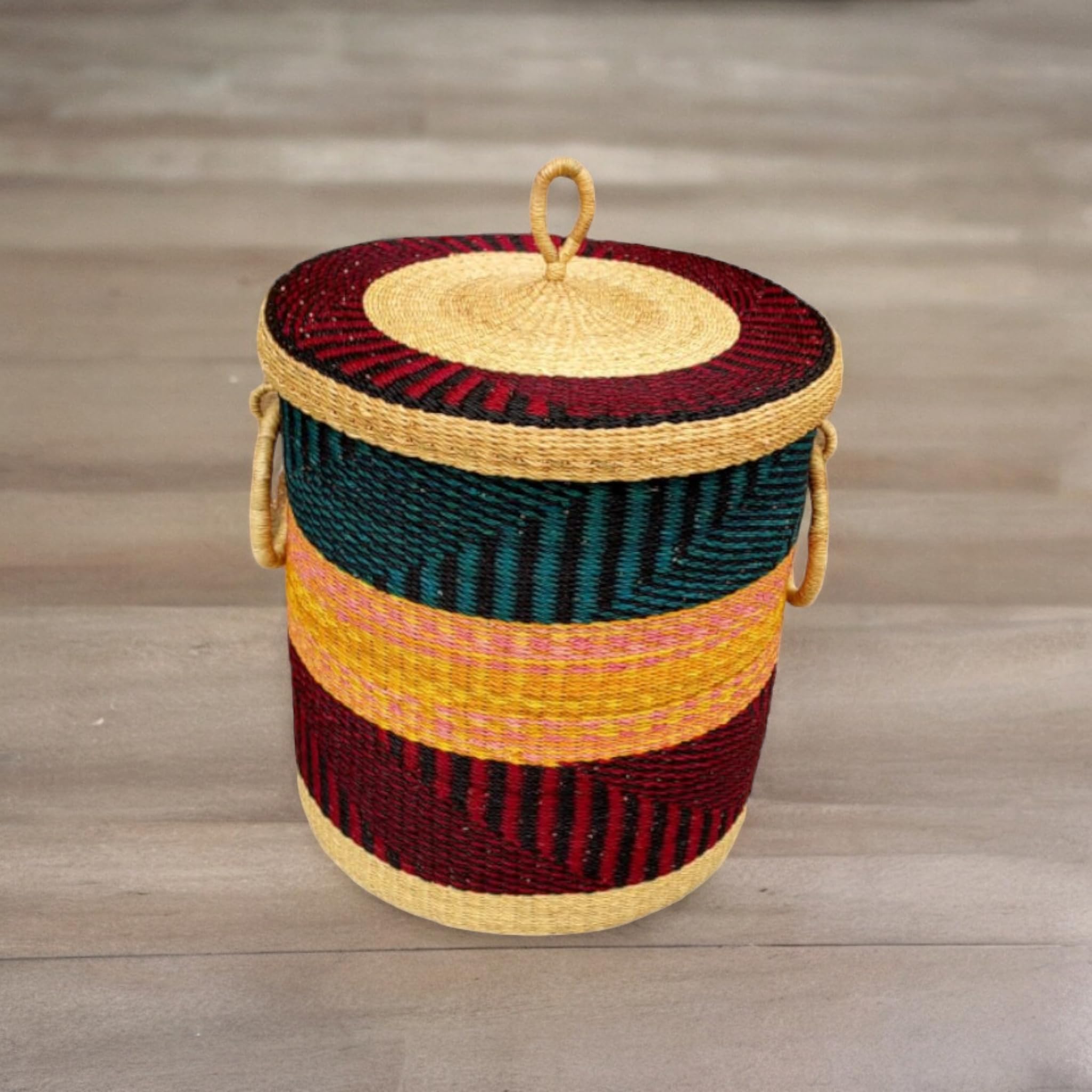 Large African Woven Laundry Basket with Lid - Rattan Storage Hamper for Clothes, Towels, Sheets & Blankets | Ghana Handwoven Basket for Bedroom, Bathroom & Home Organization