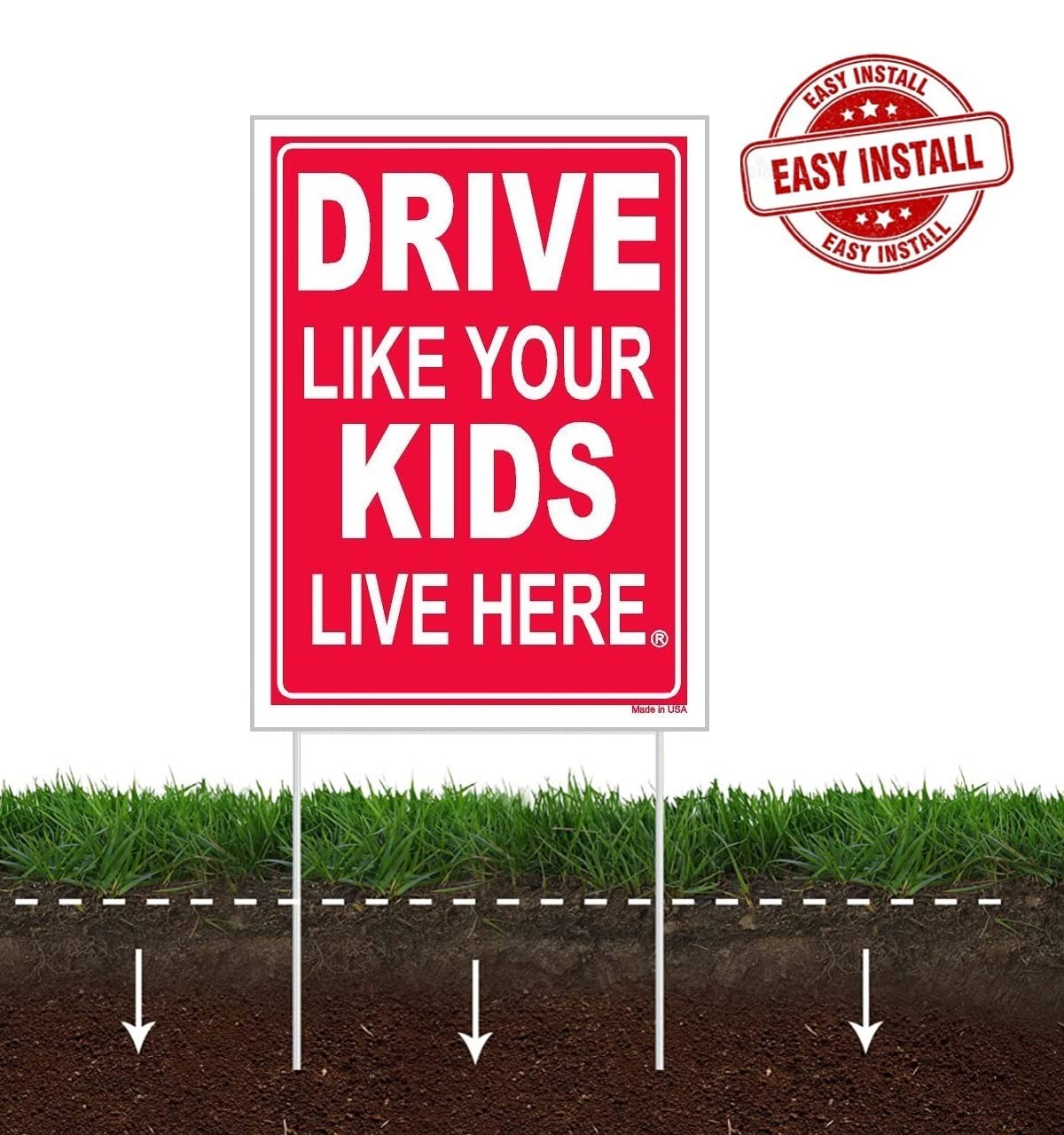 Slow Down & Drive Like Your Kids Live Here Sign Combo Pack - Double Sided Red/White Safety Signs with Metal Stand | Perfect for Neighborhoods, School Zones & Residential Areas