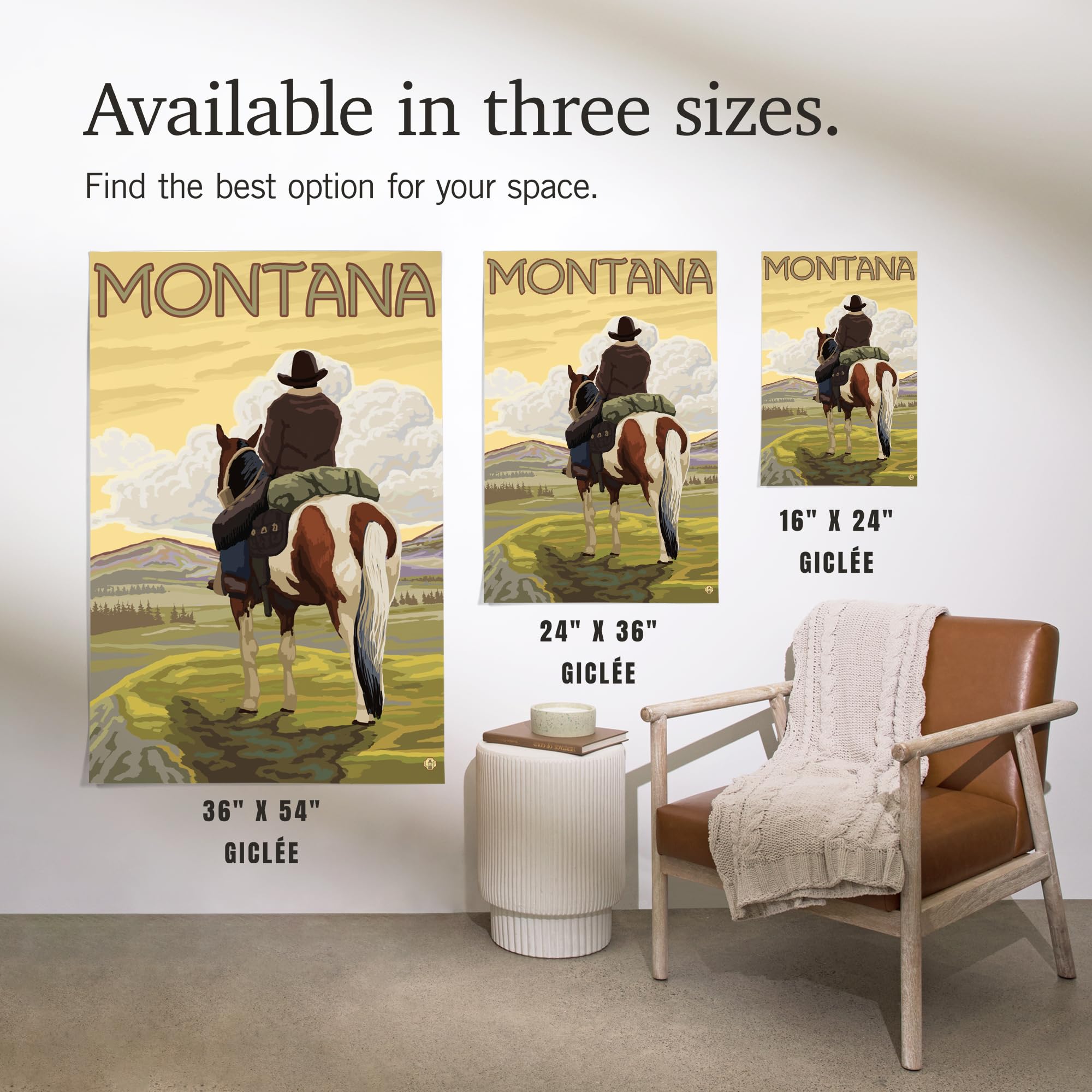 Lantern Press 16x24 Inch Giclee Art Print - Montana Landscape with Cowboy & Horse - Western Wall Decor for Living Room, Office & Cabin
