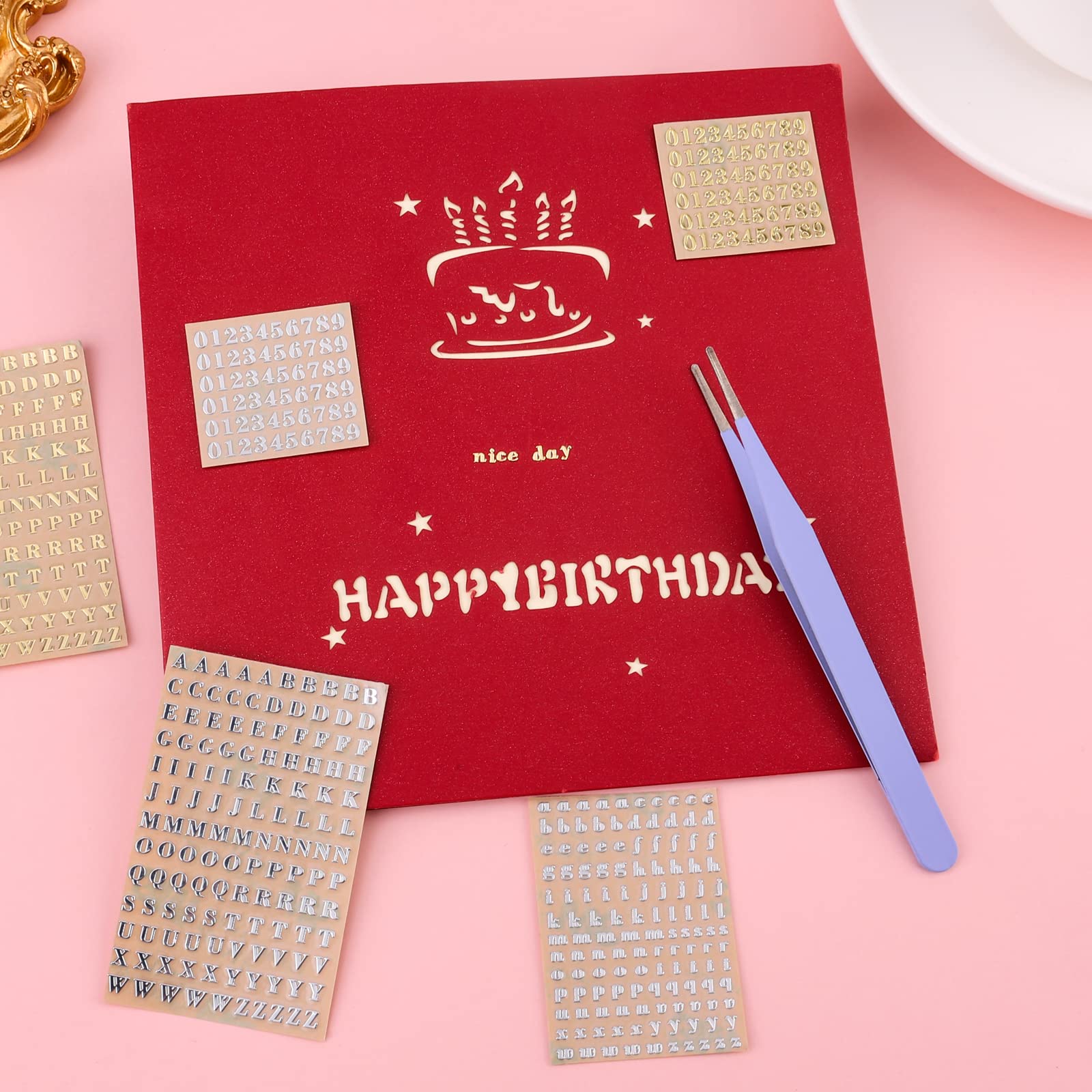 SAVITA 18 Sheets Small Self-Adhesive Glitter Alphabet & Number Stickers - Metallic Letter Stickers for Scrapbooking, DIY Crafts, Photo Albums, Journals, and Card Making - Includes 2 Tweezers for Easy Application