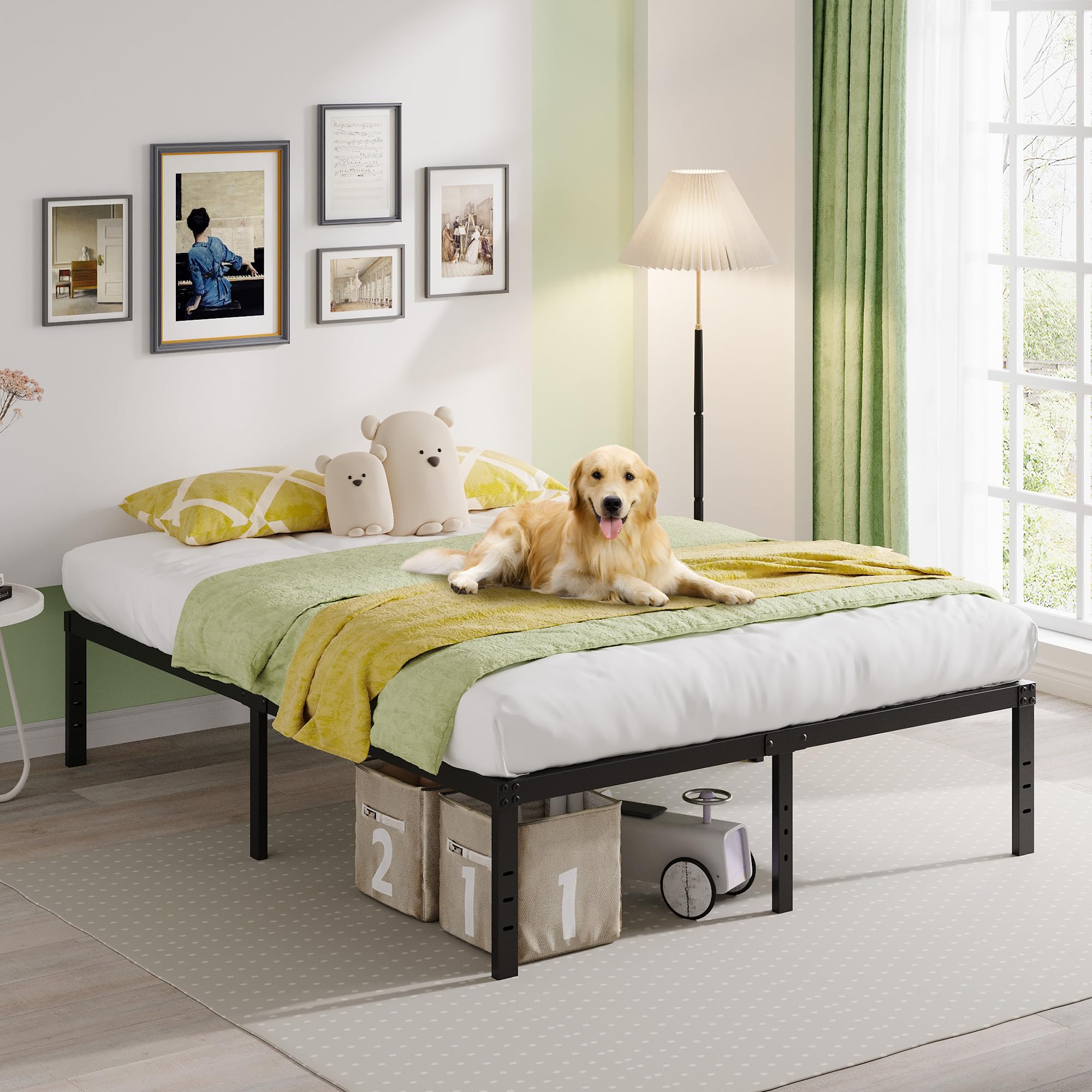 EMODA 18 Inch Heavy Duty California King Bed Frame - Tall Metal Platform with Large Storage Space, No Box Spring Needed, Noise Free, Black - Perfect for Master Bedrooms & Guest Rooms