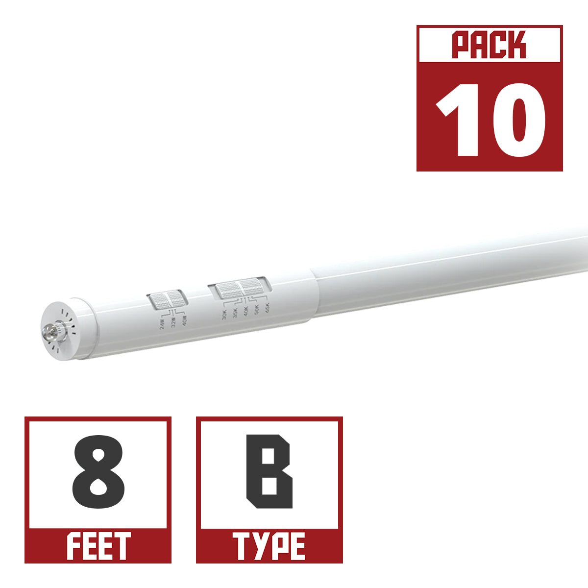 8ft LED T8 Tube Light Bulbs - 24W/32W/40W, 5400 Lumens, 3000K-6500K Adjustable Color Temperature, FA8/R17d Base, Double-Ended Frosted - Perfect for Garage, Warehouse & Office Lighting