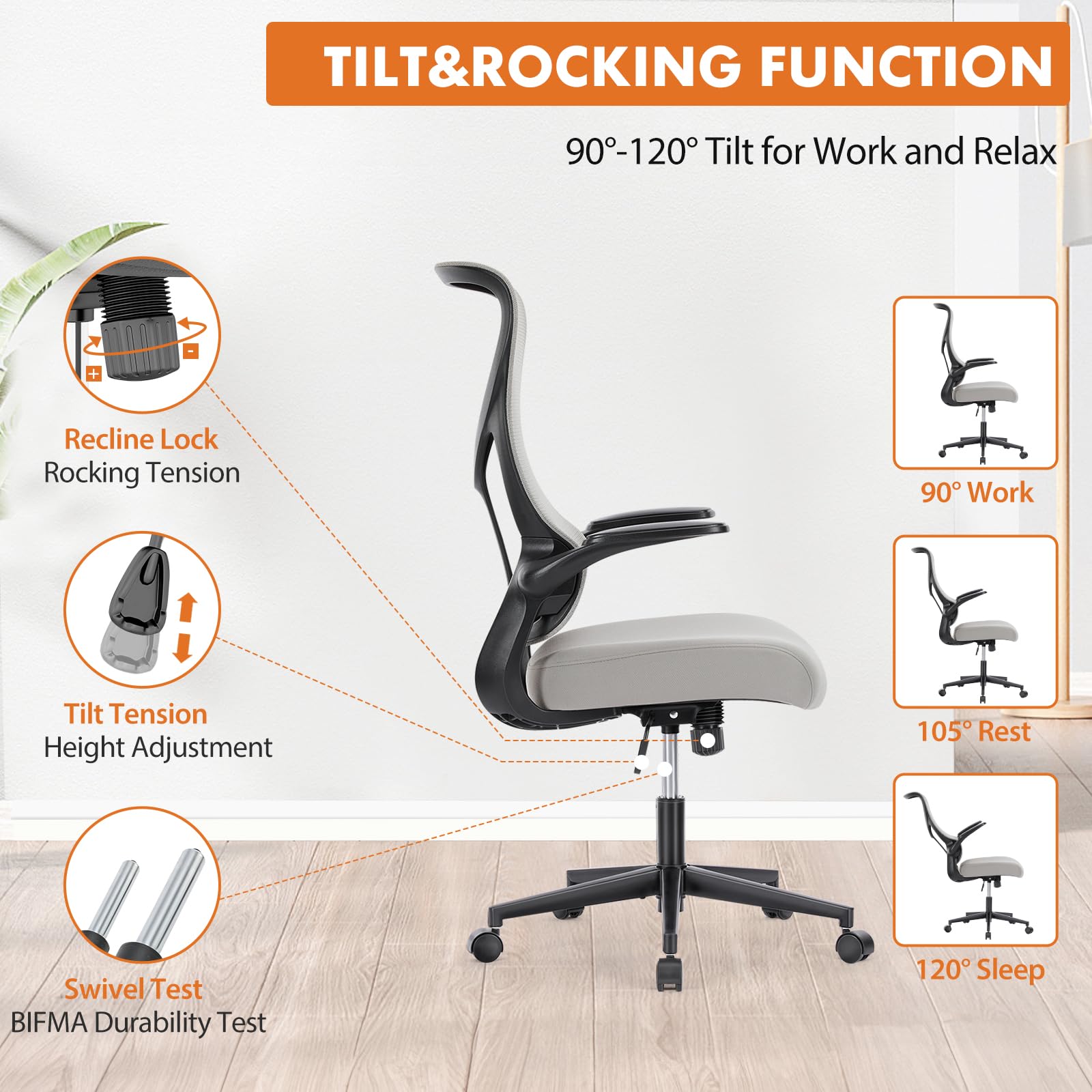 Ergonomic Office Chair with High Back - Adjustable Swivel Rolling Desk Chair with Flip-Up Arms & Breathable Mesh - Comfortable for Home Office, Gaming & Work - Grey