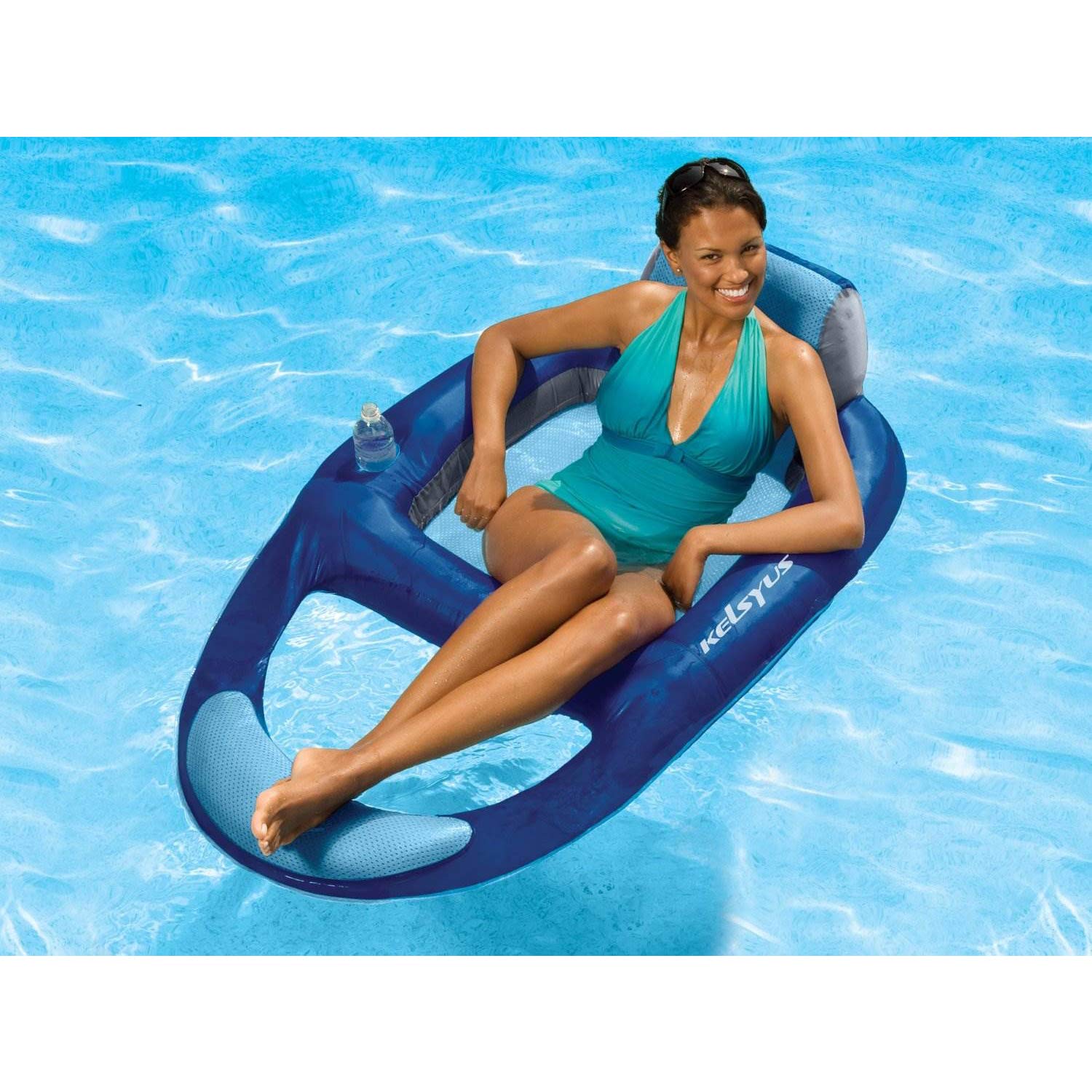 Kelsyus Inflatable Floating Pool Lounger Chair - 2 Pack Blue with Cup Holder & Clips - Perfect for Relaxing in Swimming Pools, Lakes, and Beaches