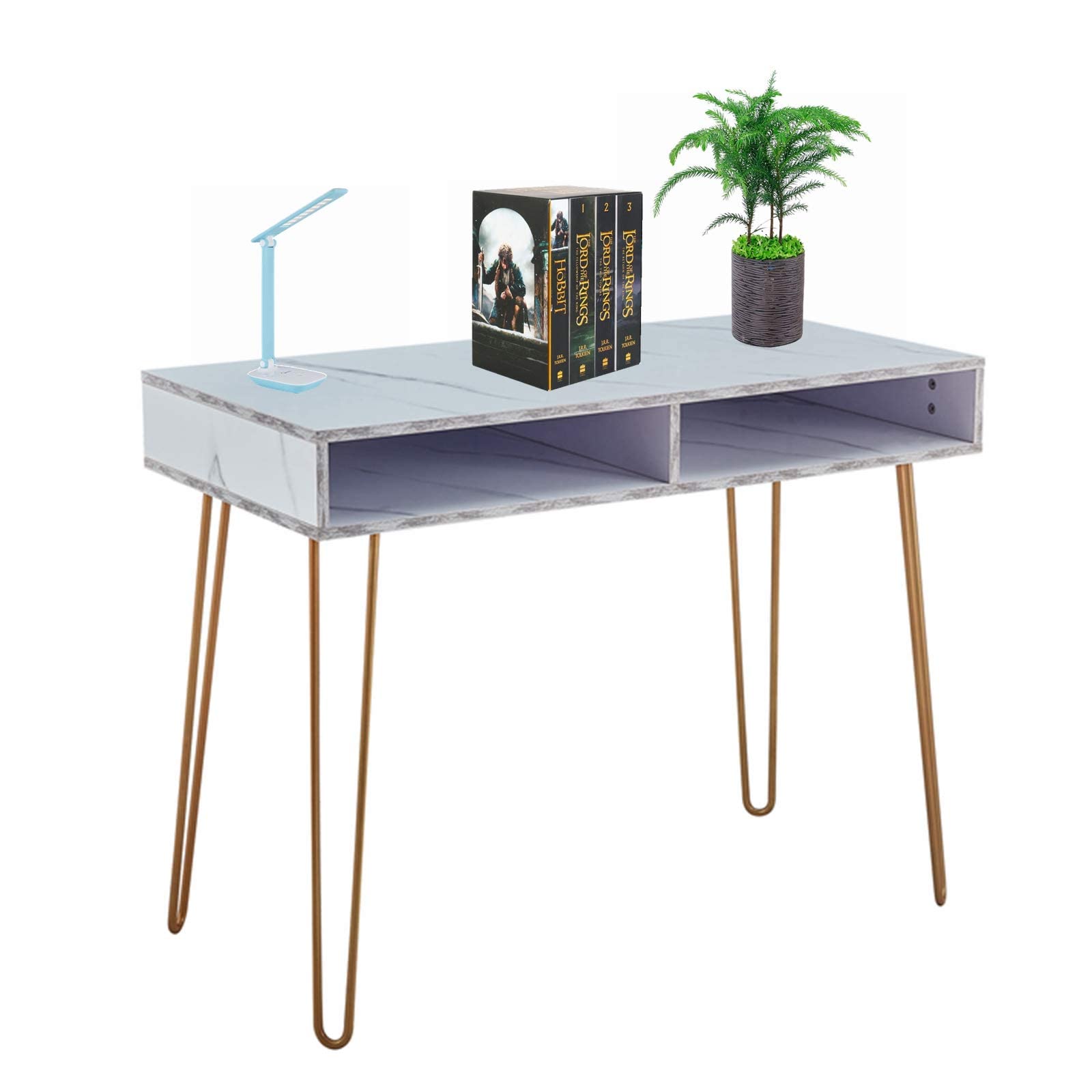Gynsseh Hairpin Writing Desk - White Faux Marble Top with Gold Metal Legs, 2 Open Storage Cubbies | Modern Home Office Desk, Computer Workstation, Vanity Dressing Table for Living Room, Bedroom & Small Spaces | Perfect for Remote Work, Online Classes & Makeup Routine
