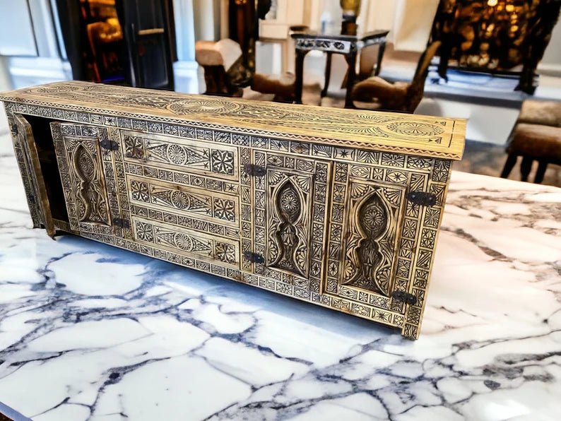 Hand Carved Wooden Sideboard Cabinet - 4 Door Storage Buffet Console Table for Dining Room, Living Room & Entryway - Rustic Farmhouse Furniture for Home Decor