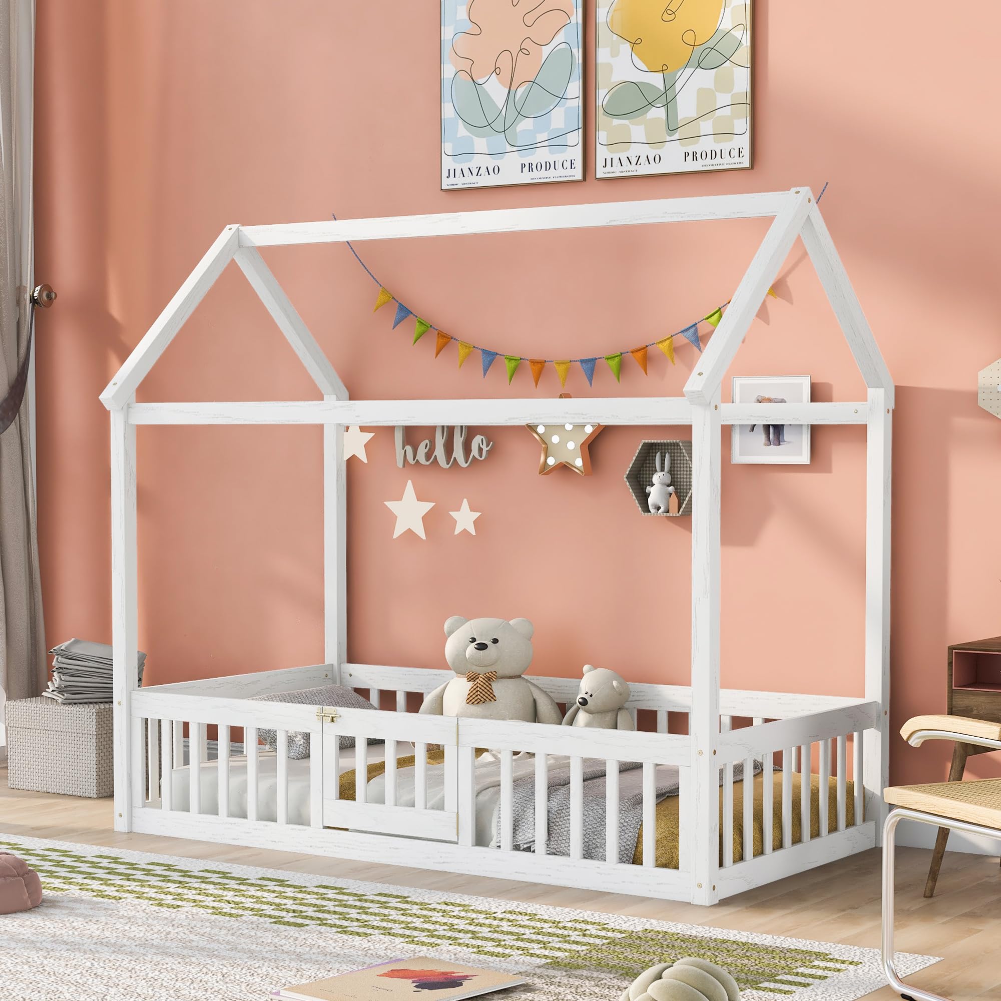 Twin Size Wooden Montessori Floor Bed Frame with Roof and Fence - Safe House Style Kids Bed for Boys & Girls - Perfect for Bedroom, Playroom or Montessori Classroom (White)