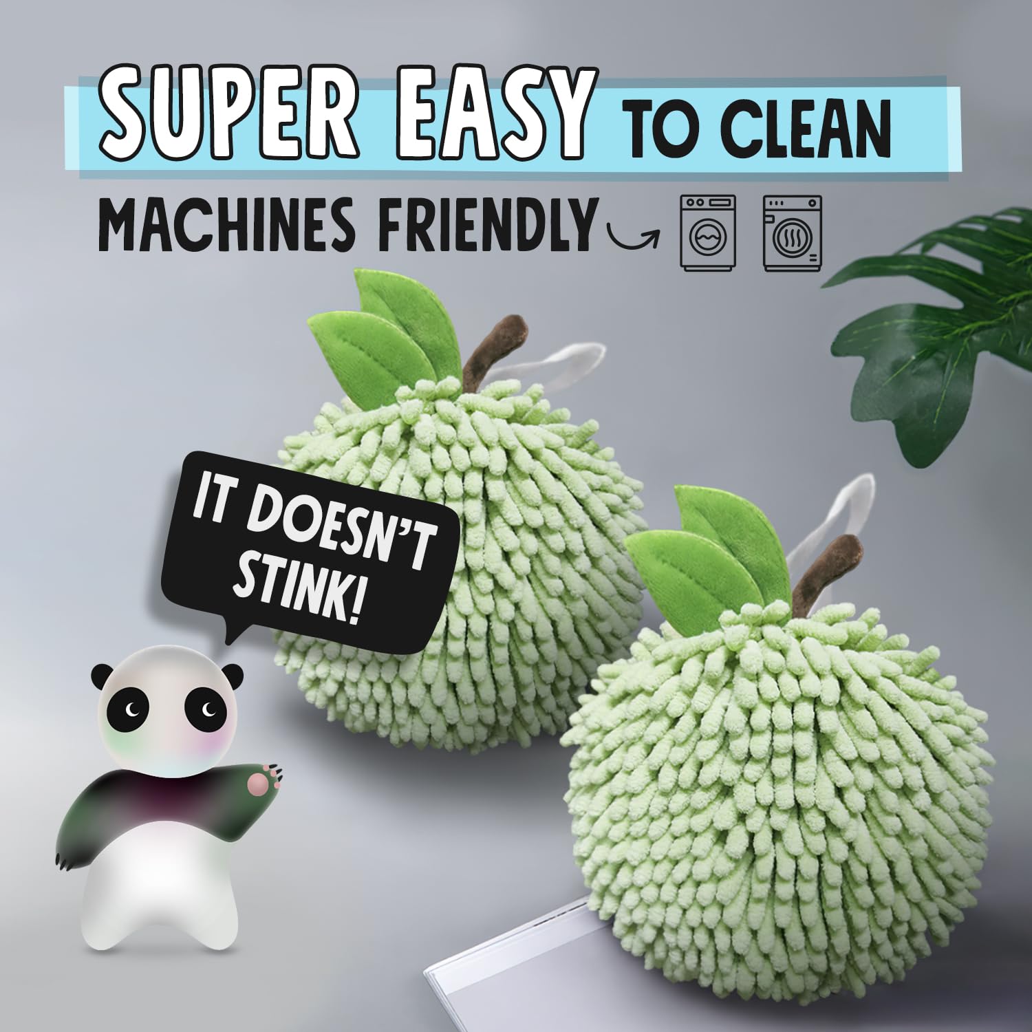 Sophie & Panda Fuzzy Ball Hand Towels (Set of 2) - Super Absorbent Creative Fruit Themed Bathroom Towels for Instant Drying - Green Apple Design - Perfect for Kitchen, Bathroom & Guest Use